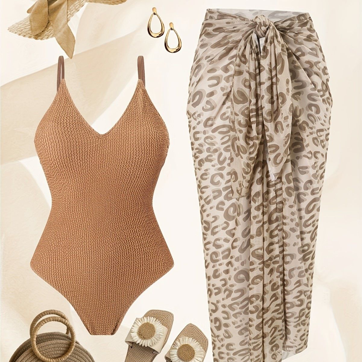 (image for) 2026 Vintage Retro 2-Piece Swimwear Set Ribbed Thin Strap One Piece Monokini with Leopard Print Tie-Waist Maxi Sarong Cover Up Padded Wirefree Resort Hot Spring Bathing Suit