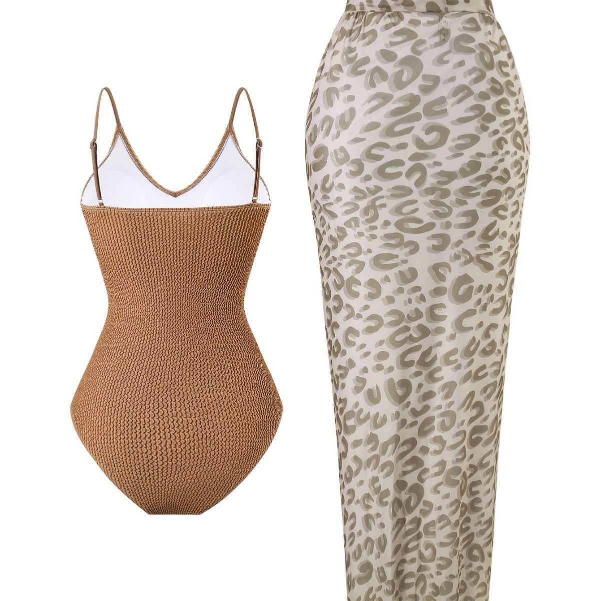 (image for) 2026 Vintage Retro 2-Piece Swimwear Set Ribbed Thin Strap One Piece Monokini with Leopard Print Tie-Waist Maxi Sarong Cover Up Padded Wirefree Resort Hot Spring Bathing Suit