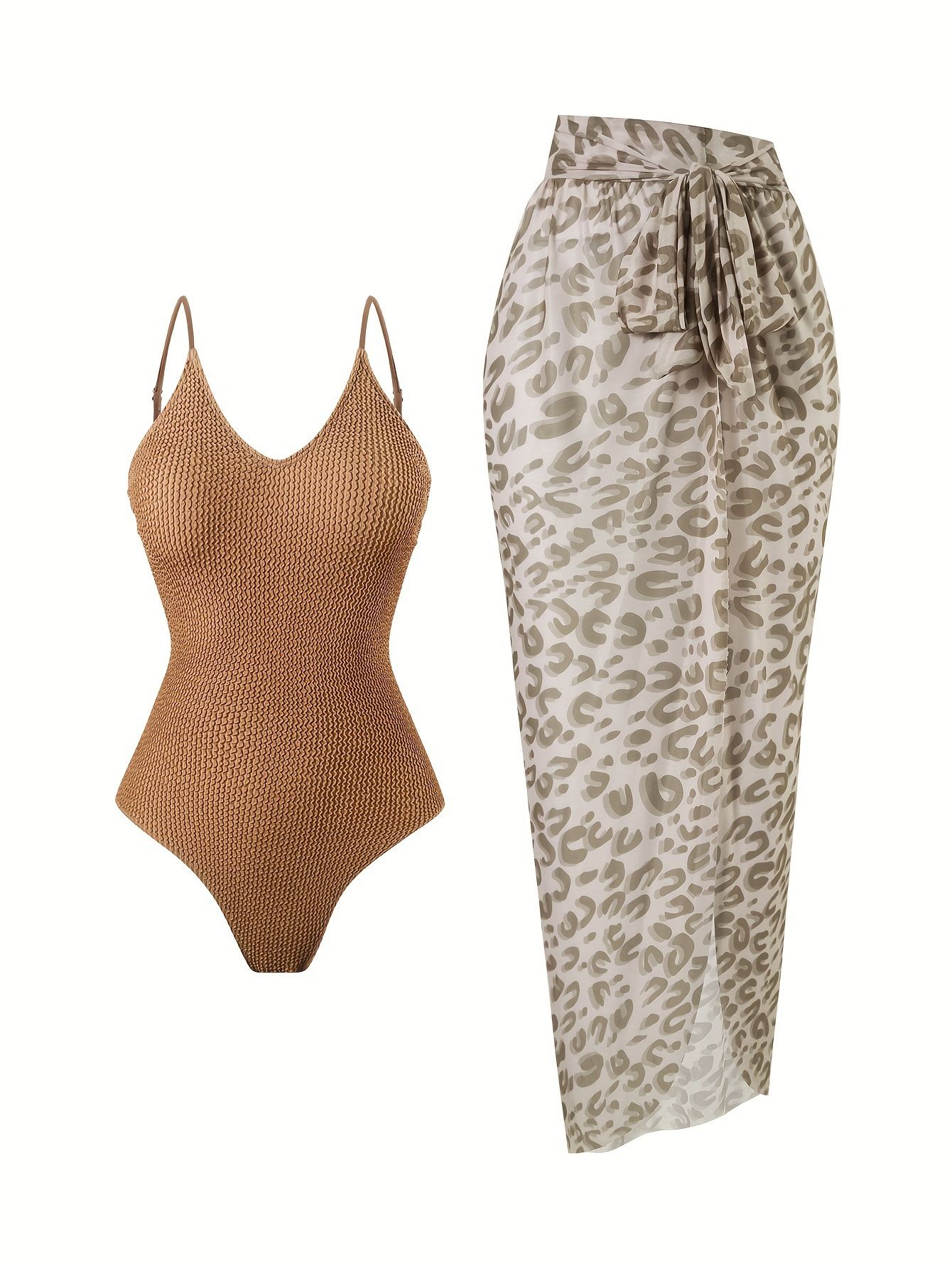 (image for) 2026 Vintage Retro 2-Piece Swimwear Set Ribbed Thin Strap One Piece Monokini with Leopard Print Tie-Waist Maxi Sarong Cover Up Padded Wirefree Resort Hot Spring Bathing Suit