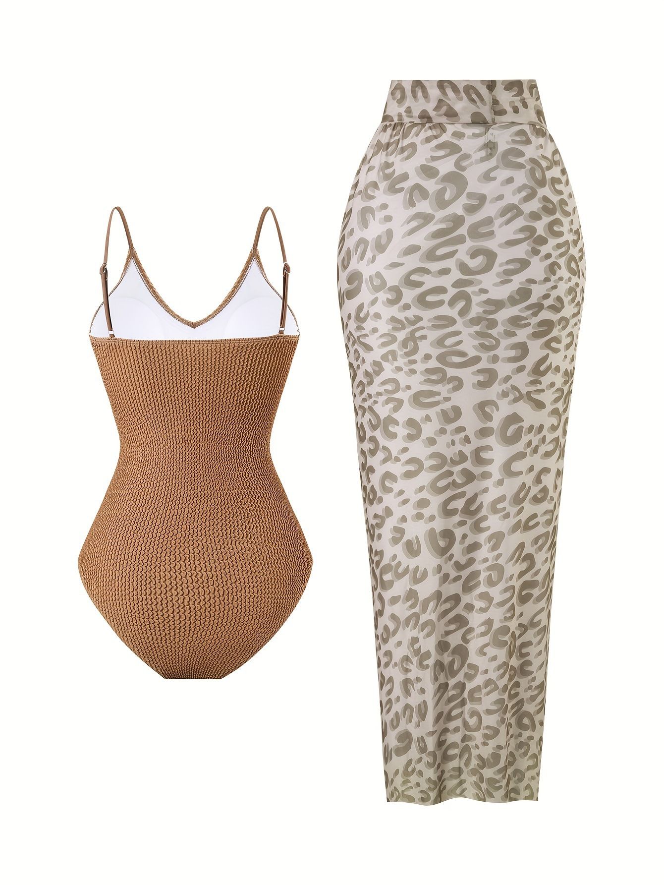 (image for) 2026 Vintage Retro 2-Piece Swimwear Set Ribbed Thin Strap One Piece Monokini with Leopard Print Tie-Waist Maxi Sarong Cover Up Padded Wirefree Resort Hot Spring Bathing Suit