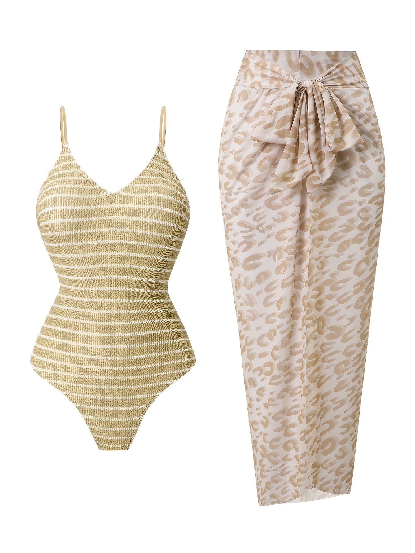 (image for) 2026 Vintage Retro 2-Piece Swimwear Set Ribbed Thin Strap One Piece Monokini with Leopard Print Tie-Waist Maxi Sarong Cover Up Padded Wirefree Resort Hot Spring Bathing Suit