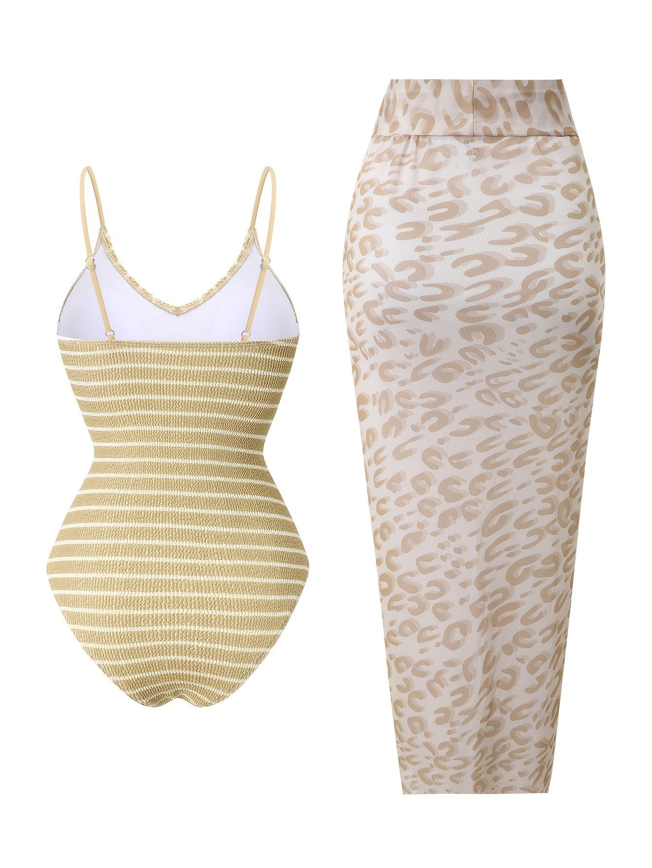 (image for) 2026 Vintage Retro 2-Piece Swimwear Set Ribbed Thin Strap One Piece Monokini with Leopard Print Tie-Waist Maxi Sarong Cover Up Padded Wirefree Resort Hot Spring Bathing Suit