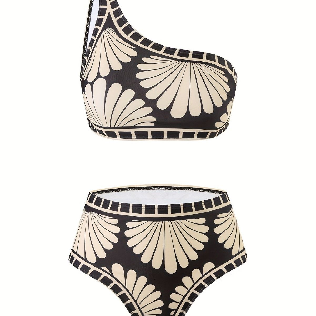 (image for) Women's 2026 Off-Shoulder Bandeau Bikini 3-Piece Set Black Apricot Print Padded Wirefree Slimming Beach Swimwear with Cover Up Skirt