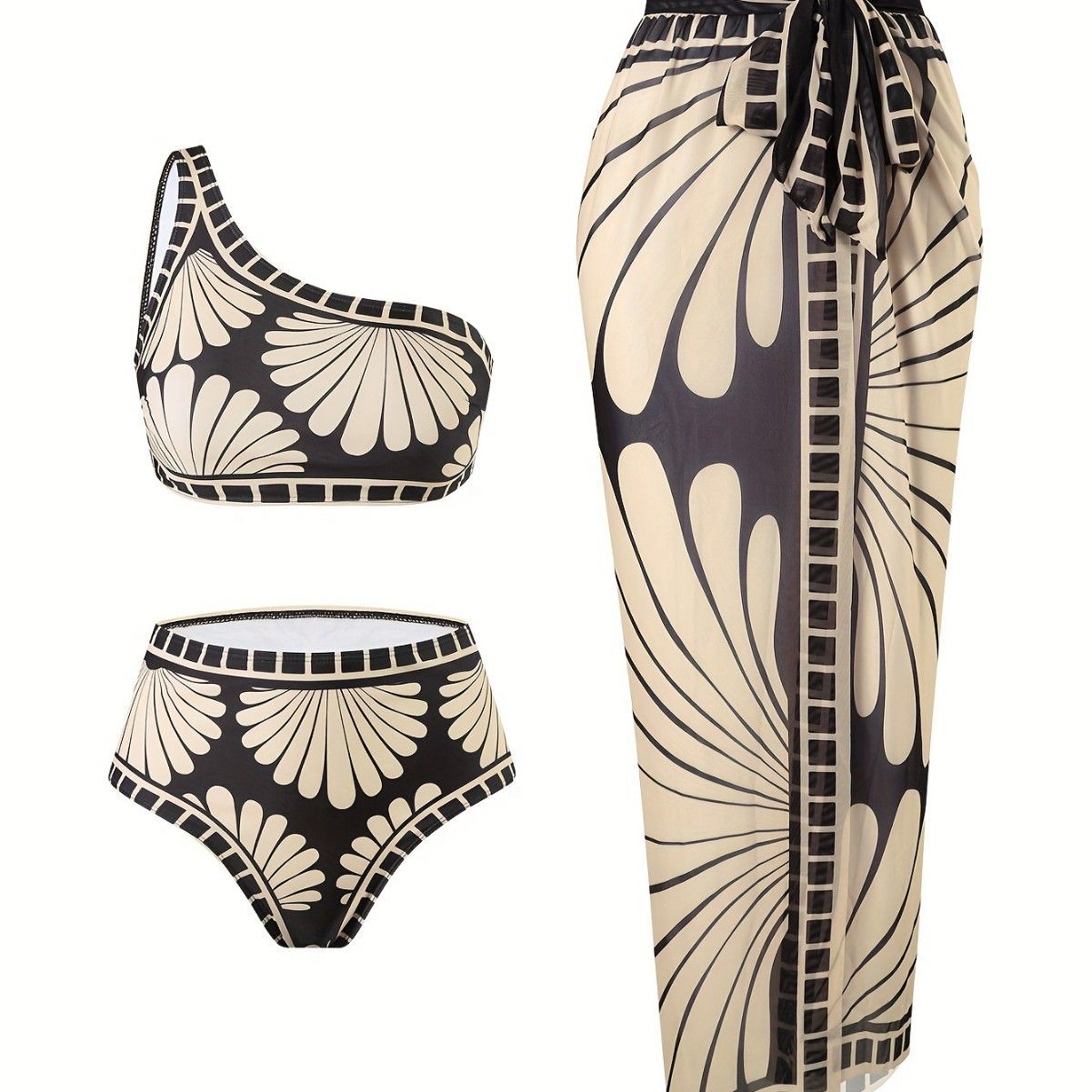(image for) Women's 2026 Off-Shoulder Bandeau Bikini 3-Piece Set Black Apricot Print Padded Wirefree Slimming Beach Swimwear with Cover Up Skirt