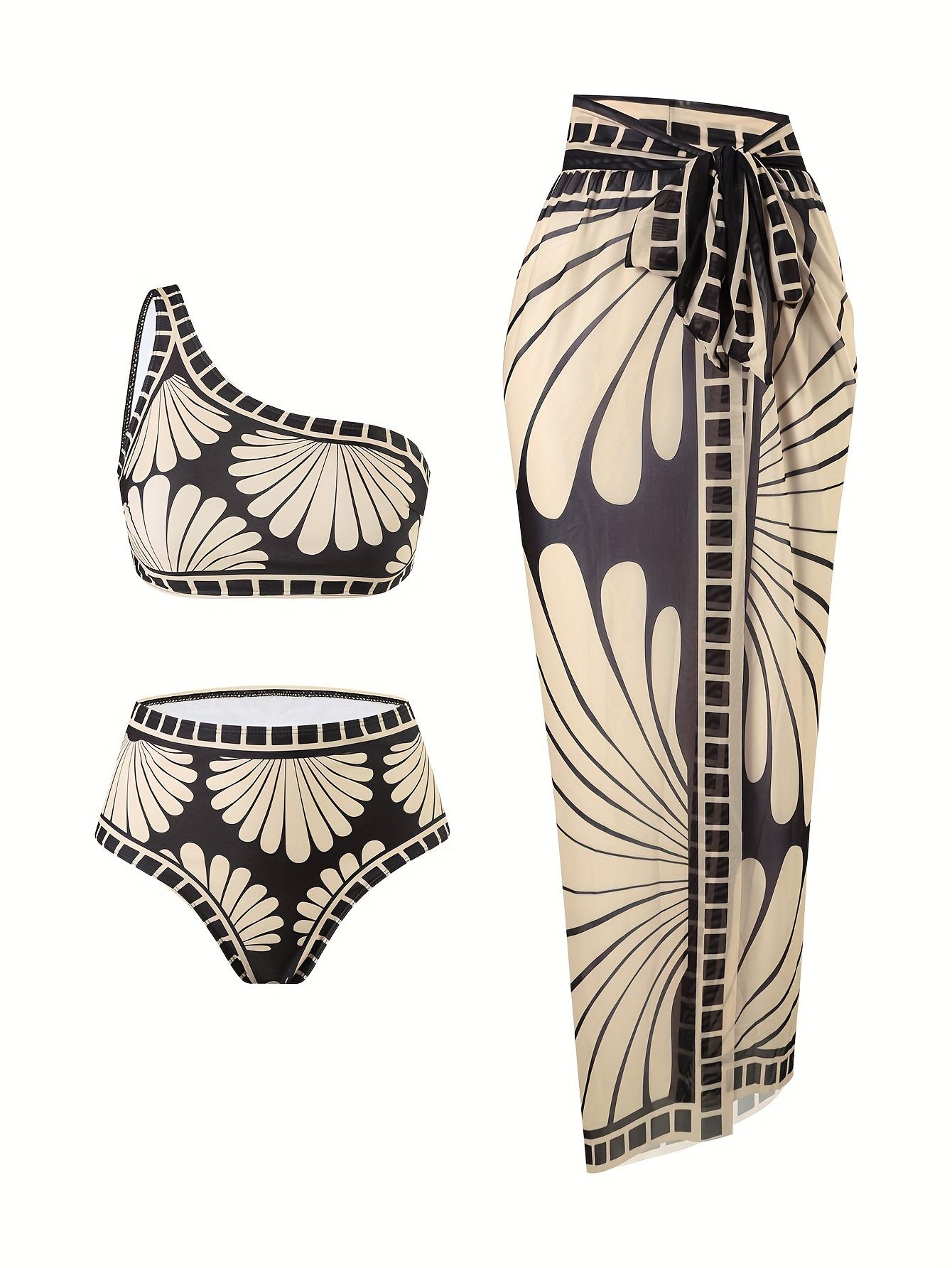 (image for) Women's 2026 Off-Shoulder Bandeau Bikini 3-Piece Set Black Apricot Print Padded Wirefree Slimming Beach Swimwear with Cover Up Skirt