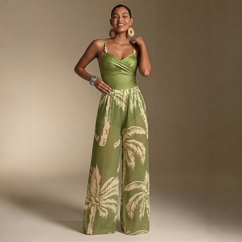 Women's 2026 Bohemian 2-Piece Swimsuit Set Textured Tummy Control One Piece Bathing Suit with Palm Print Wide Leg Cover Up Pants Padded Wirefree Island Vacation Resort Swimwear