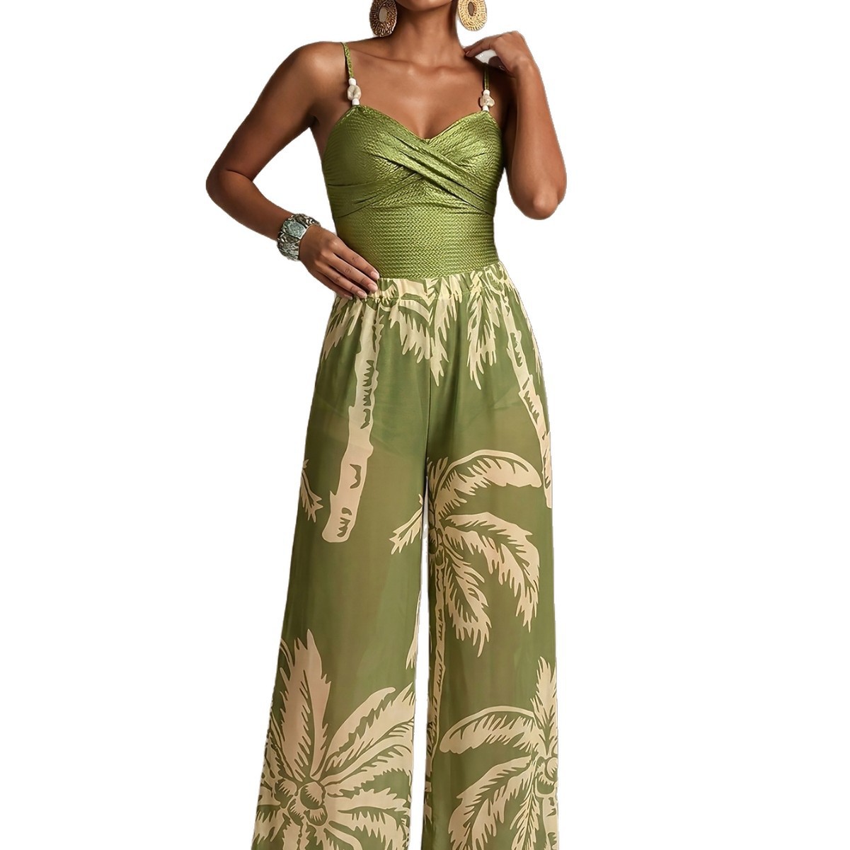 (image for) Women's 2026 Bohemian 2-Piece Swimsuit Set Textured Tummy Control One Piece Bathing Suit with Palm Print Wide Leg Cover Up Pants Padded Wirefree Island Vacation Resort Swimwear