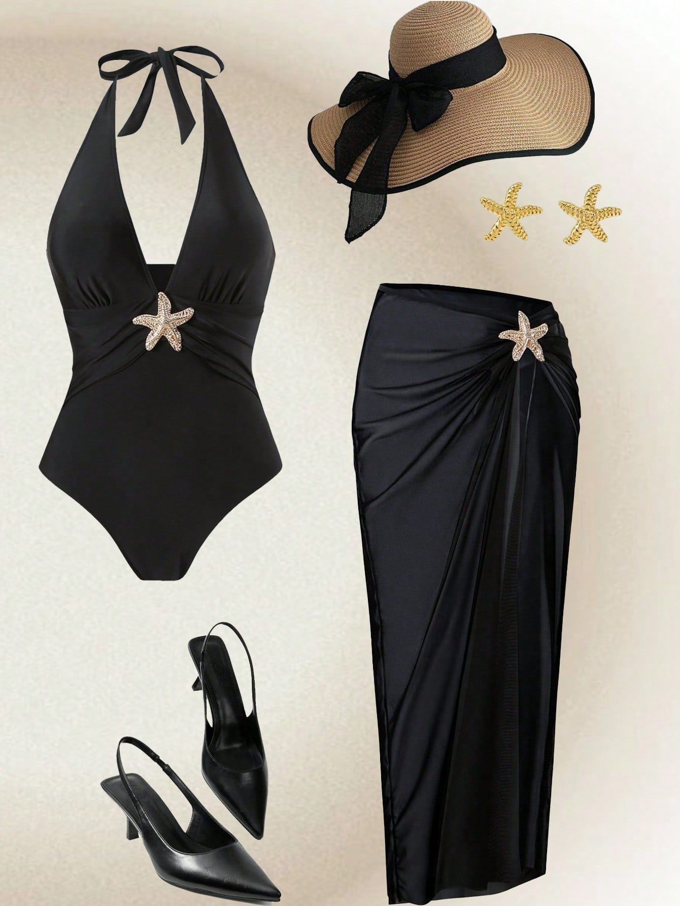 Women Starfish Embellished Halter Deep V One Piece Swimsuit with Ruched Maxi Skirt Cover Up 2 Piece Set