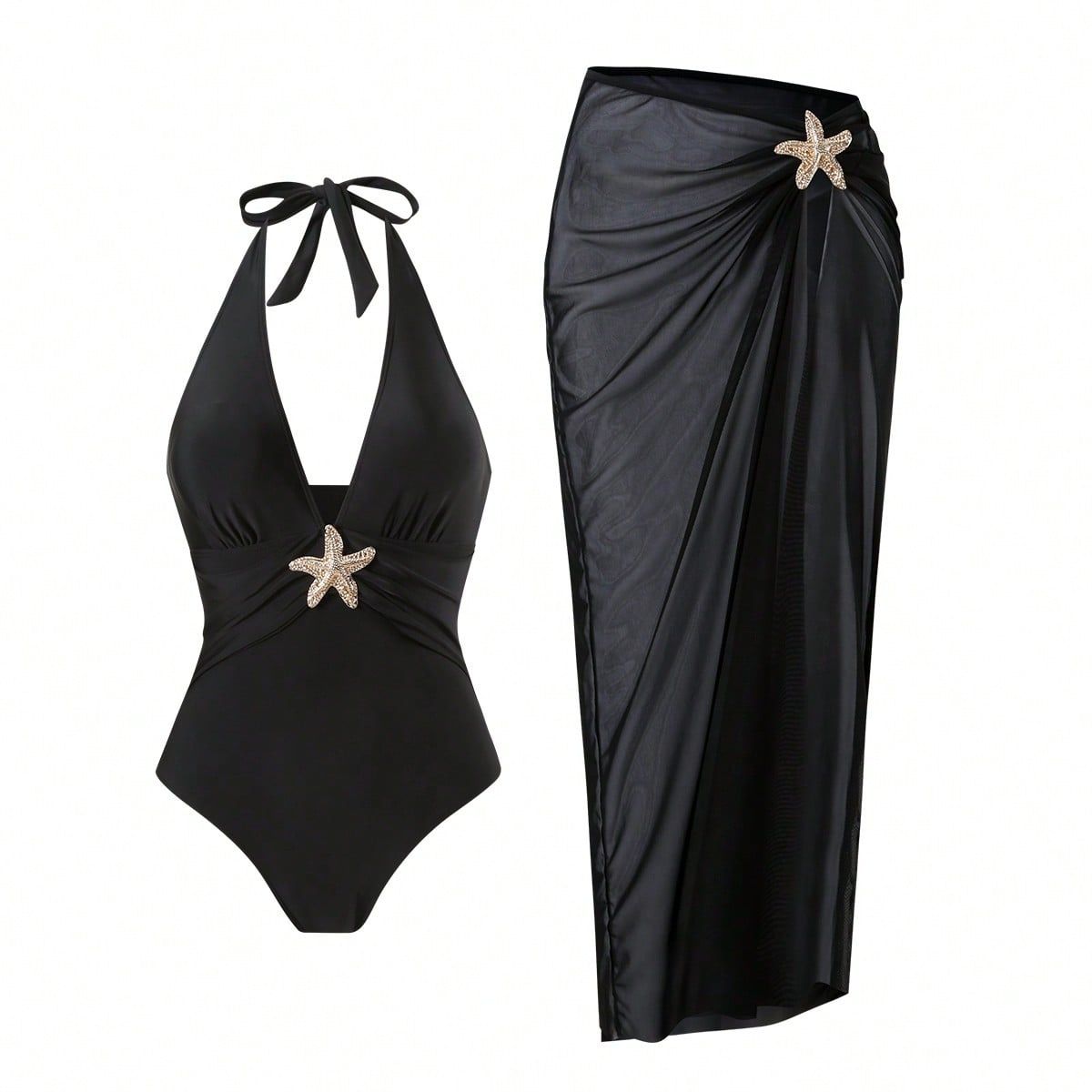 (image for) Women Starfish Embellished Halter Deep V One Piece Swimsuit with Ruched Maxi Skirt Cover Up 2 Piece Set