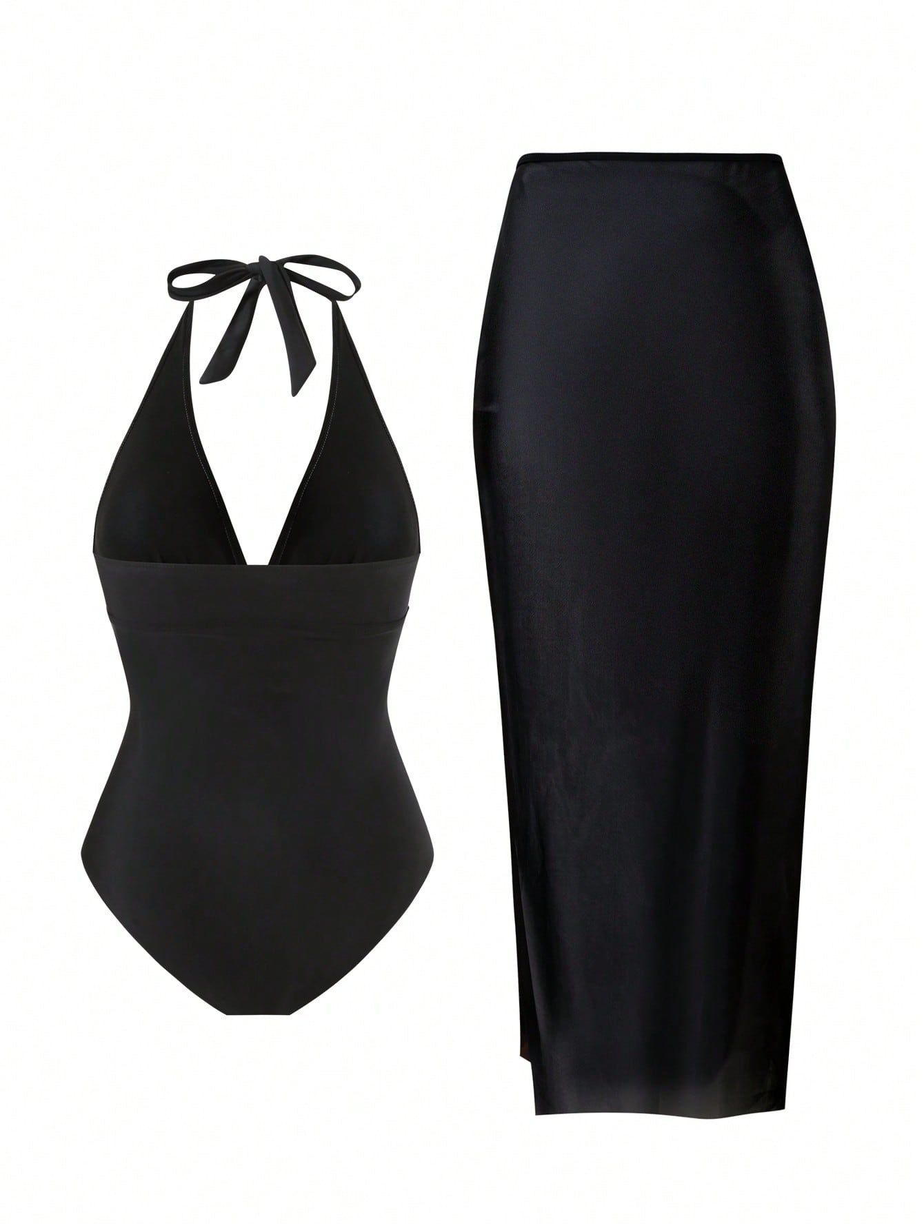 (image for) Women Starfish Embellished Halter Deep V One Piece Swimsuit with Ruched Maxi Skirt Cover Up 2 Piece Set