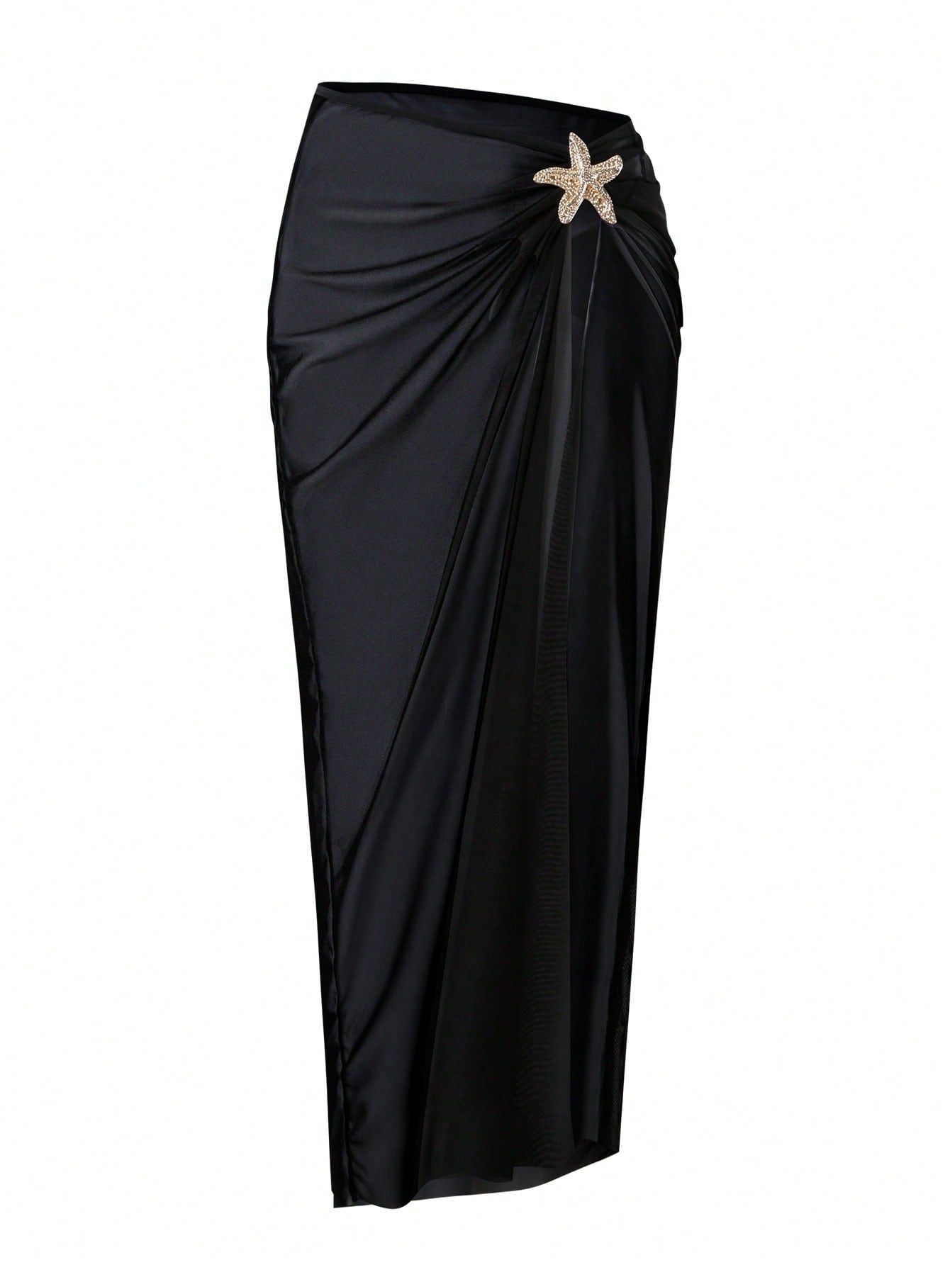 (image for) Women Starfish Embellished Halter Deep V One Piece Swimsuit with Ruched Maxi Skirt Cover Up 2 Piece Set