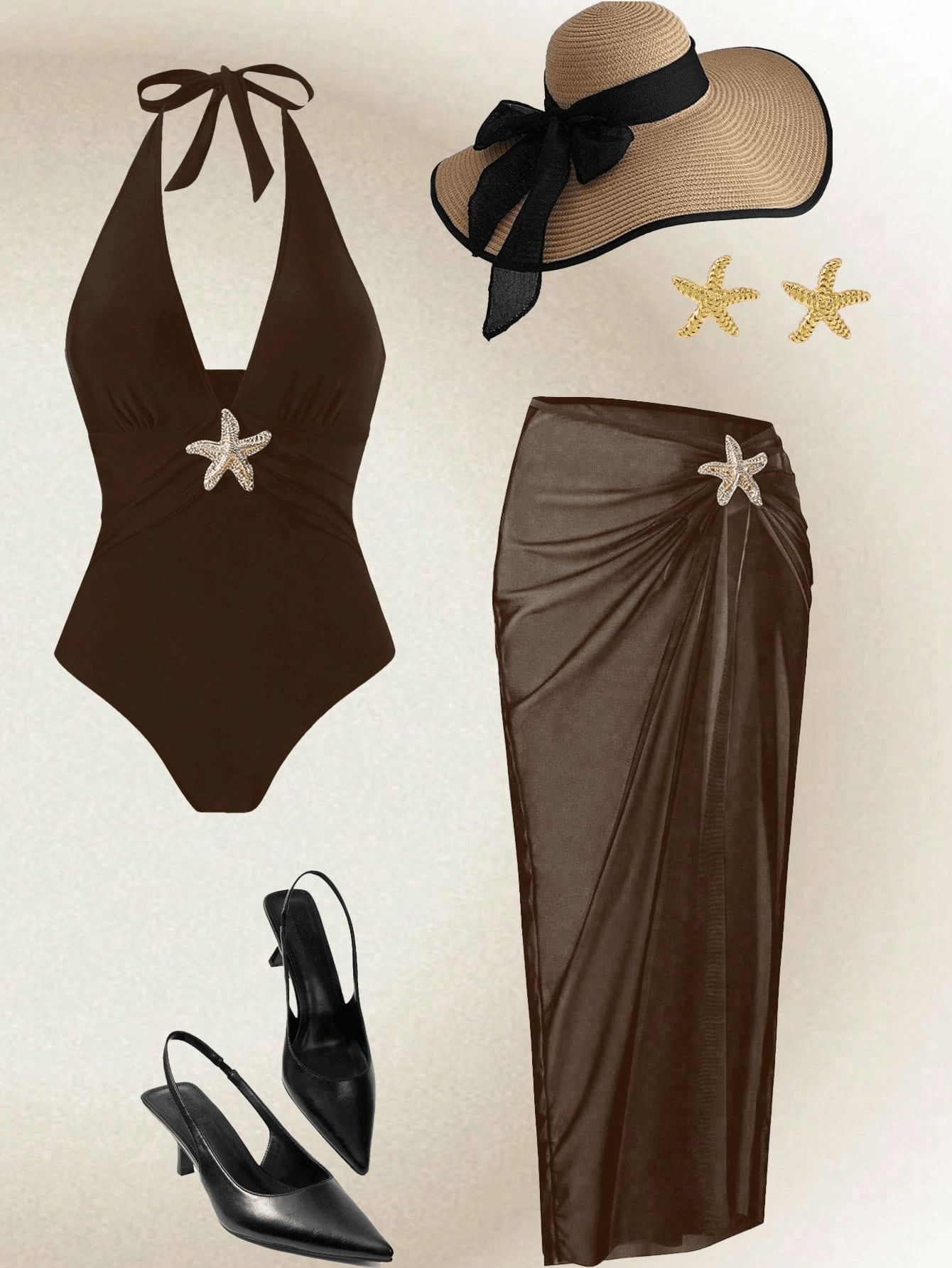 (image for) Women Starfish Embellished Halter Deep V One Piece Swimsuit with Ruched Maxi Skirt Cover Up 2 Piece Set