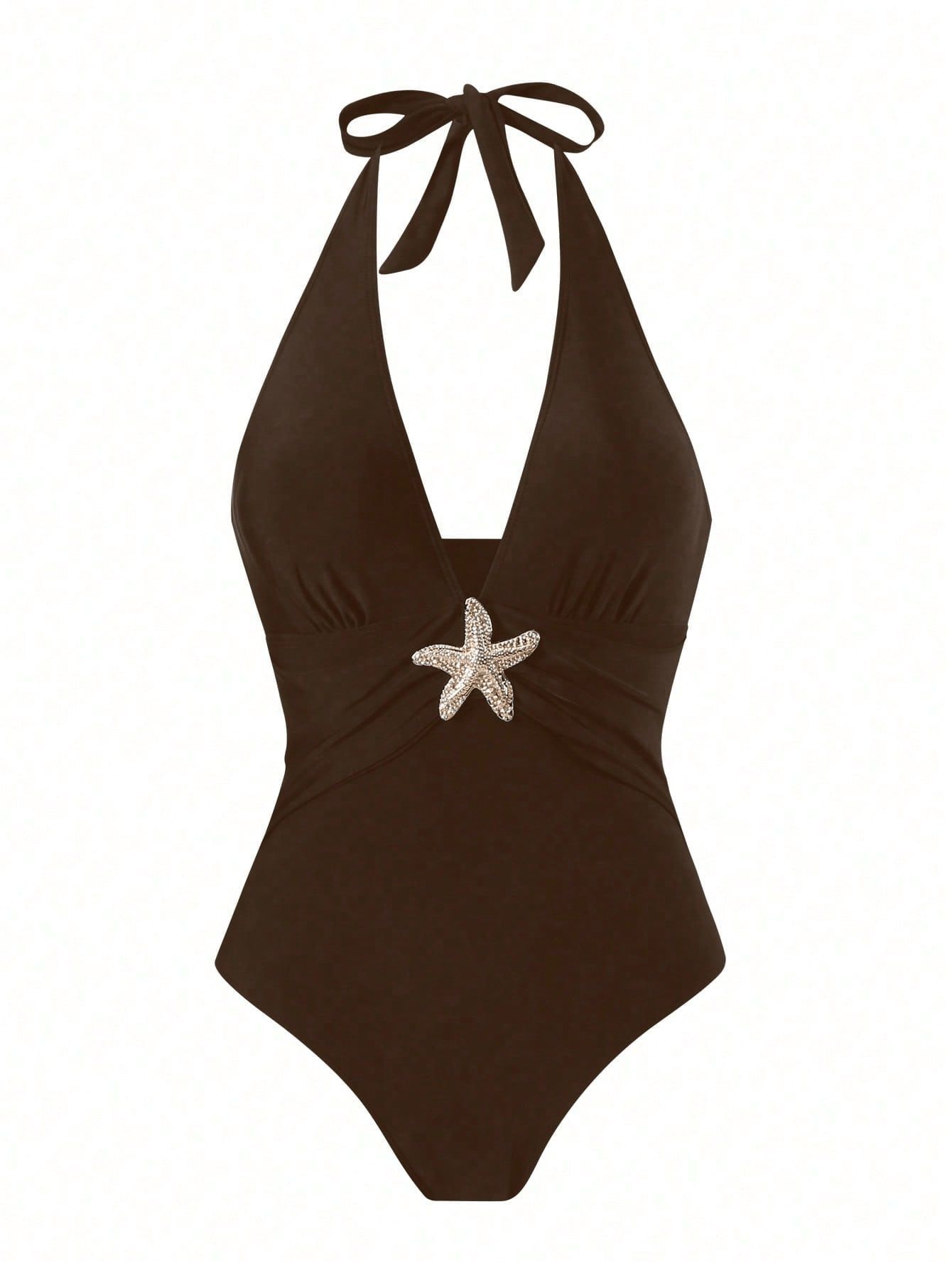 (image for) Women Starfish Embellished Halter Deep V One Piece Swimsuit with Ruched Maxi Skirt Cover Up 2 Piece Set