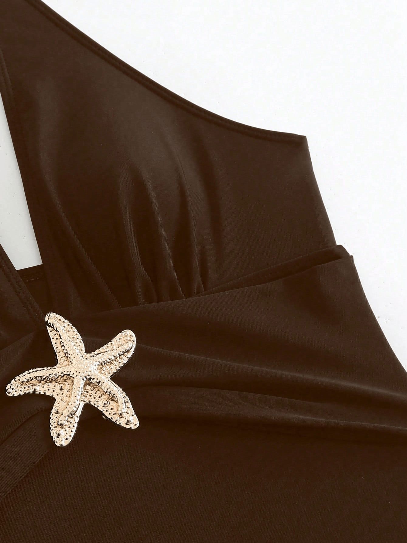 (image for) Women Starfish Embellished Halter Deep V One Piece Swimsuit with Ruched Maxi Skirt Cover Up 2 Piece Set
