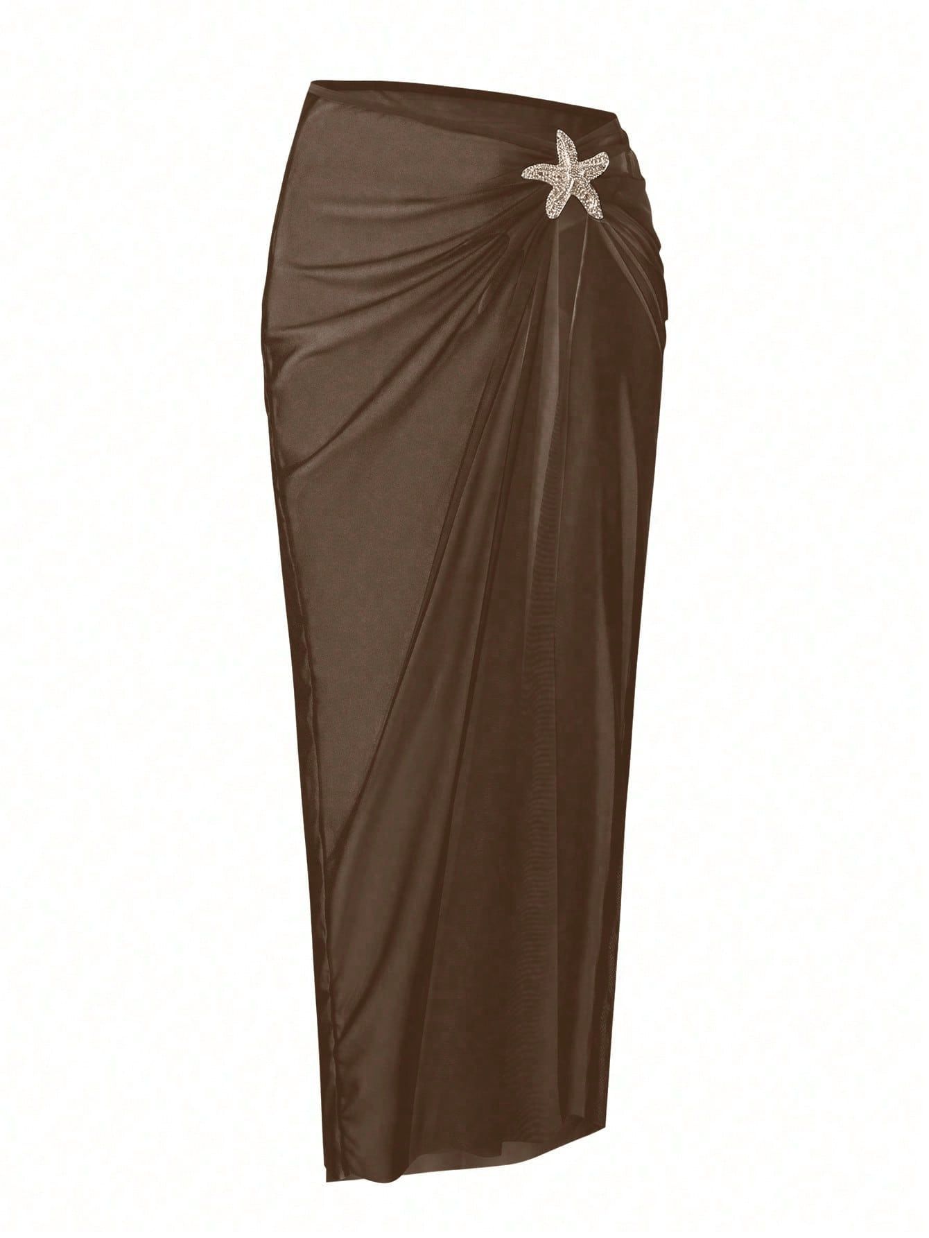 (image for) Women Starfish Embellished Halter Deep V One Piece Swimsuit with Ruched Maxi Skirt Cover Up 2 Piece Set