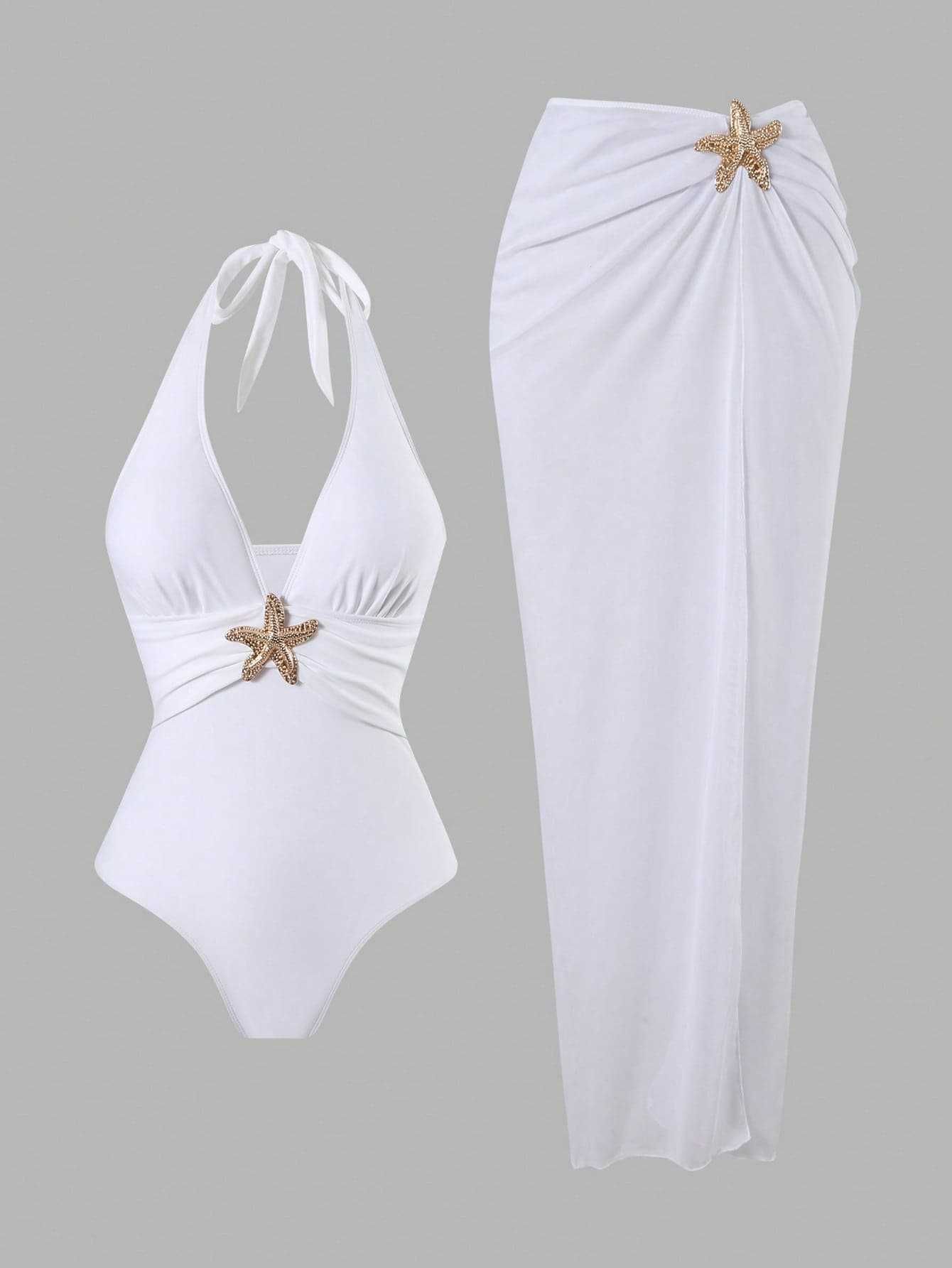 (image for) Women Starfish Embellished Halter Deep V One Piece Swimsuit with Ruched Maxi Skirt Cover Up 2 Piece Set