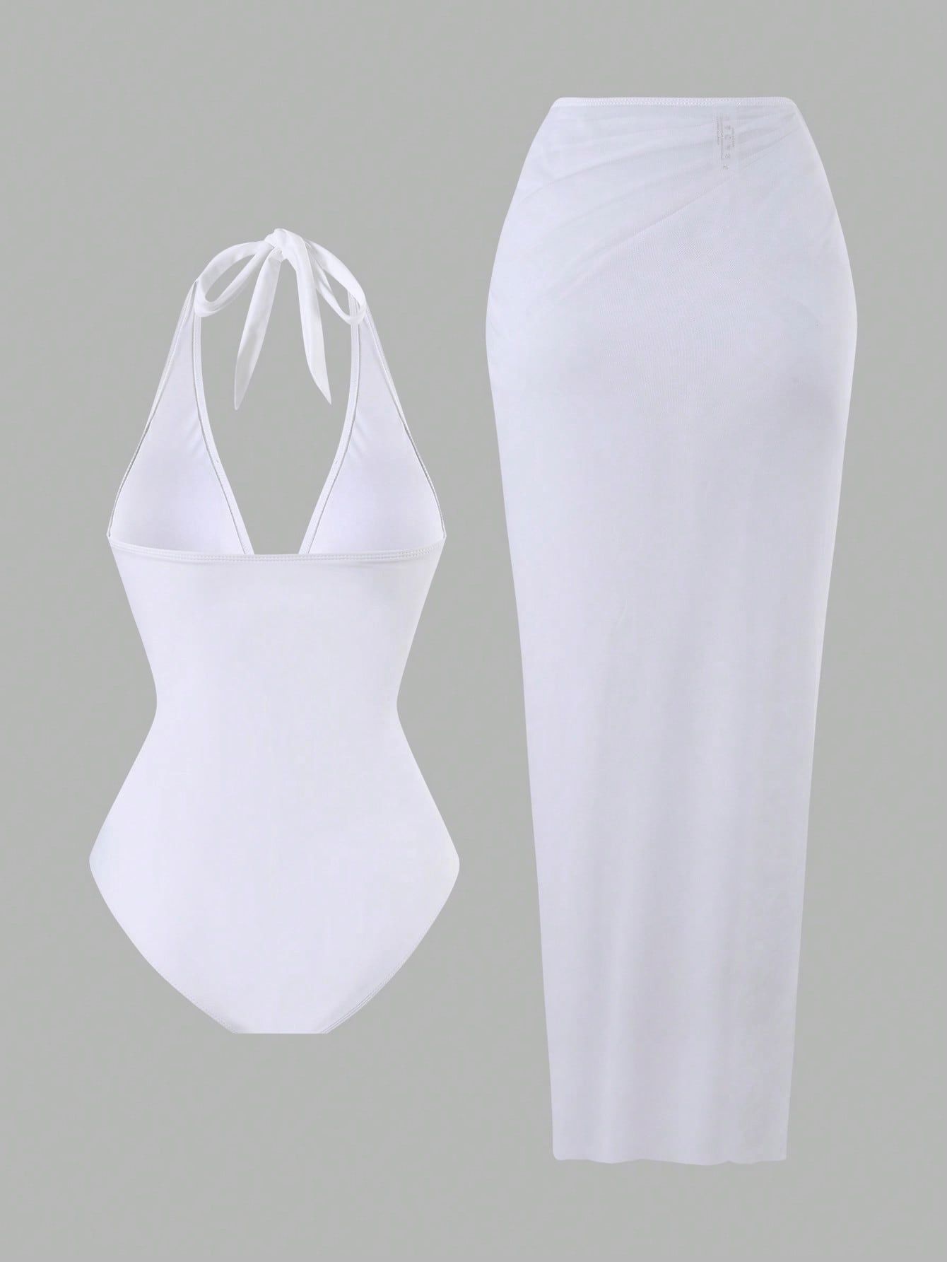 (image for) Women Starfish Embellished Halter Deep V One Piece Swimsuit with Ruched Maxi Skirt Cover Up 2 Piece Set