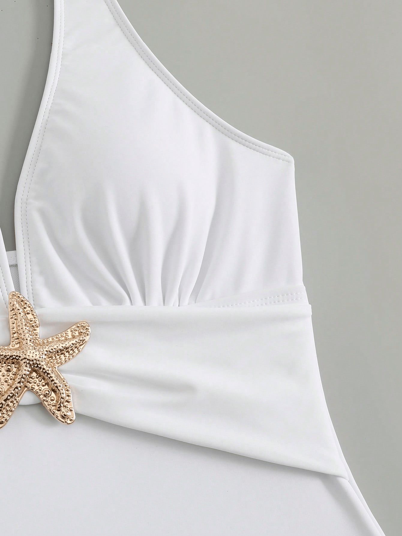 (image for) Women Starfish Embellished Halter Deep V One Piece Swimsuit with Ruched Maxi Skirt Cover Up 2 Piece Set