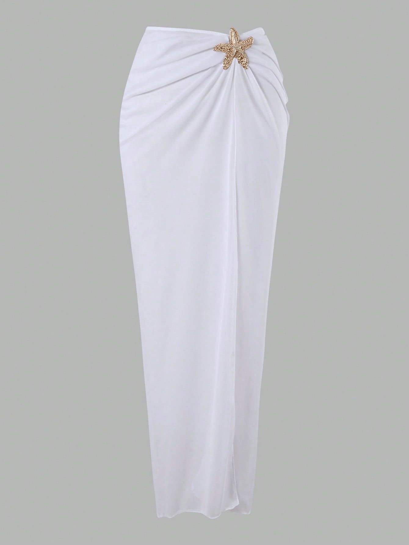 (image for) Women Starfish Embellished Halter Deep V One Piece Swimsuit with Ruched Maxi Skirt Cover Up 2 Piece Set
