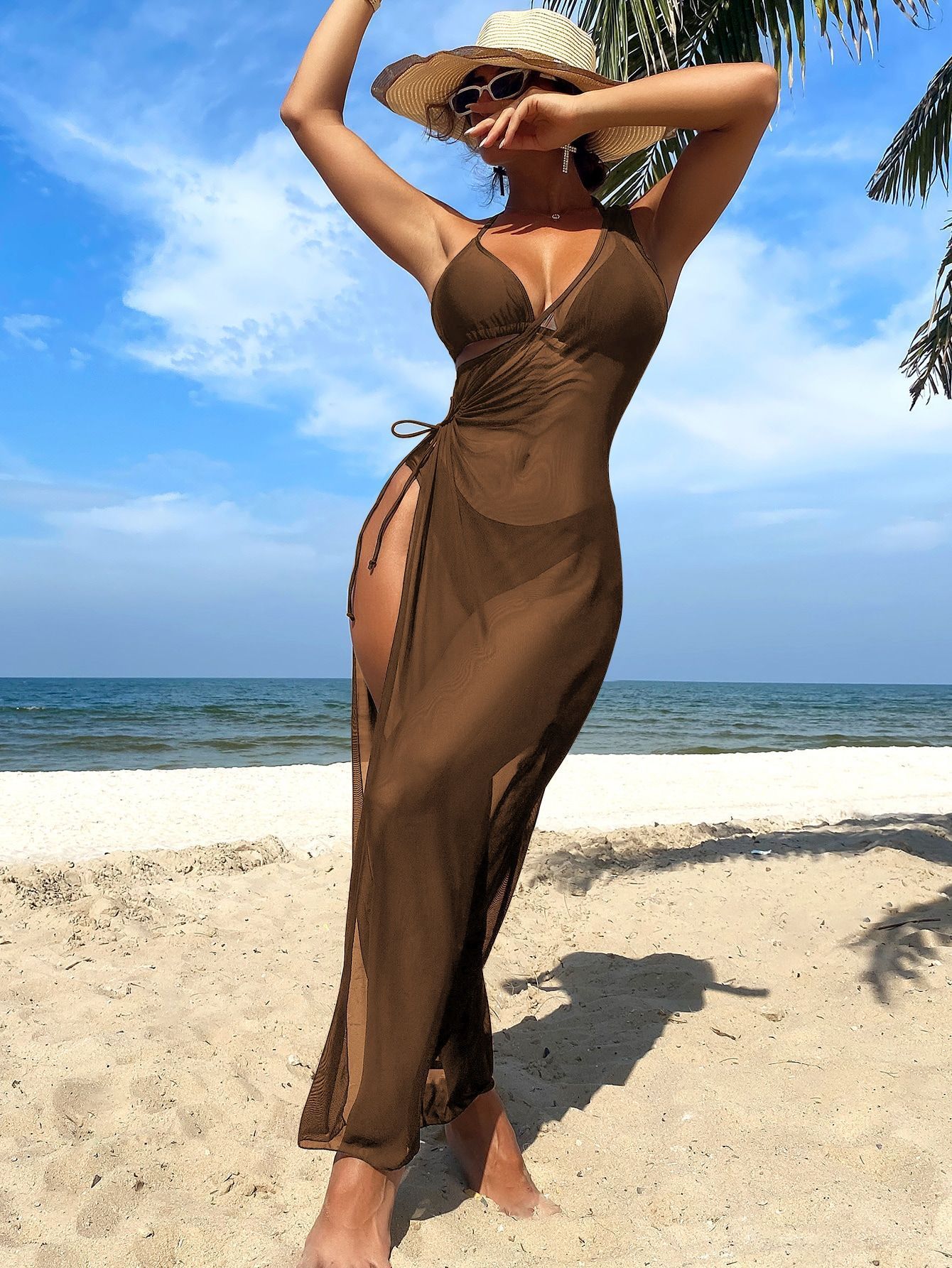 (image for) Women Solid Color 3 Piece Bikini Set with Sheer Maxi Cover Up Dress Deep V Side Slit Sexy Tummy Control Beach Vacation Resort Swimwear 2 Colors