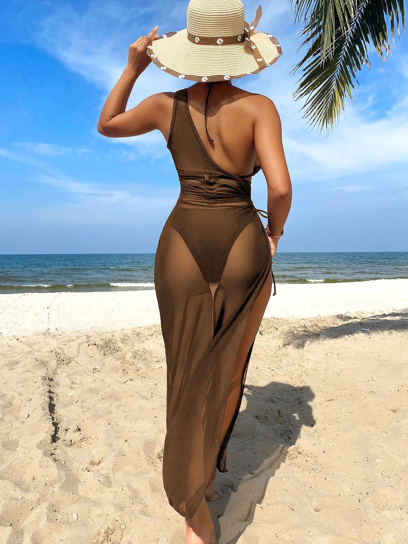 (image for) Women Solid Color 3 Piece Bikini Set with Sheer Maxi Cover Up Dress Deep V Side Slit Sexy Tummy Control Beach Vacation Resort Swimwear 2 Colors