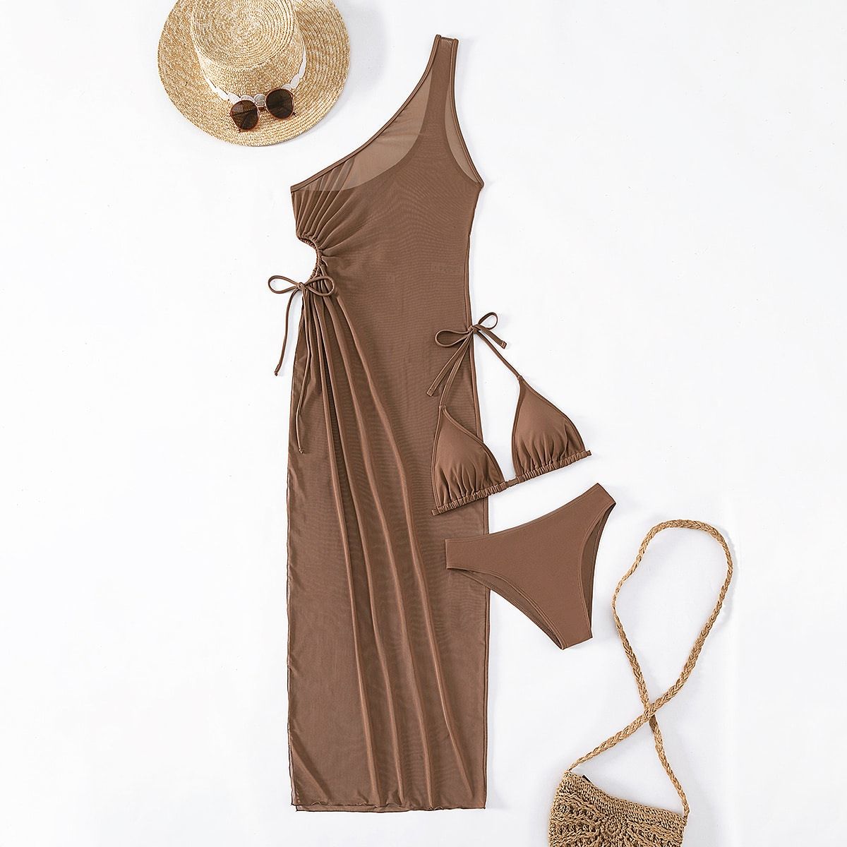 (image for) Women Solid Color 3 Piece Bikini Set with Sheer Maxi Cover Up Dress Deep V Side Slit Sexy Tummy Control Beach Vacation Resort Swimwear 2 Colors