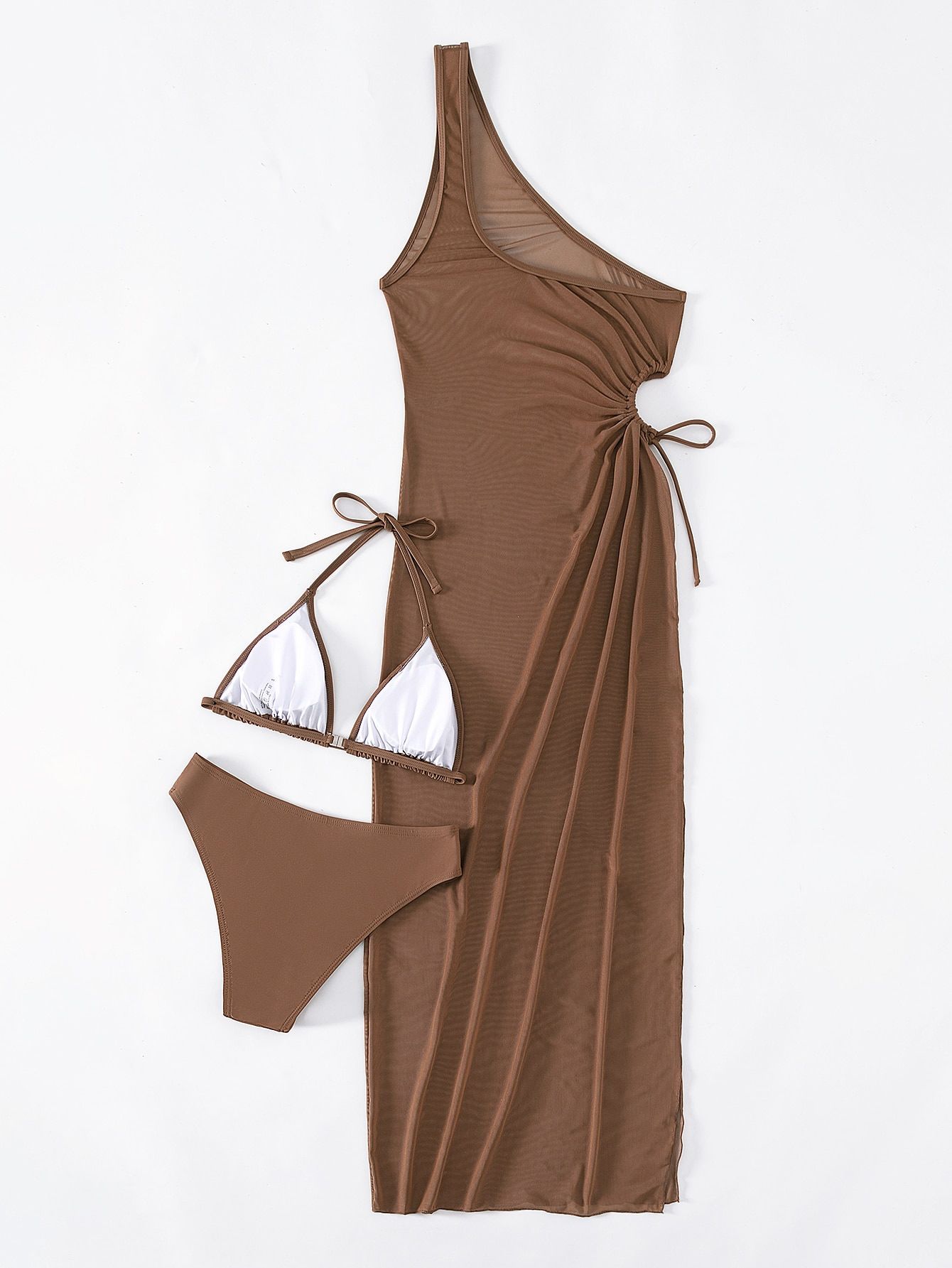 (image for) Women Solid Color 3 Piece Bikini Set with Sheer Maxi Cover Up Dress Deep V Side Slit Sexy Tummy Control Beach Vacation Resort Swimwear 2 Colors