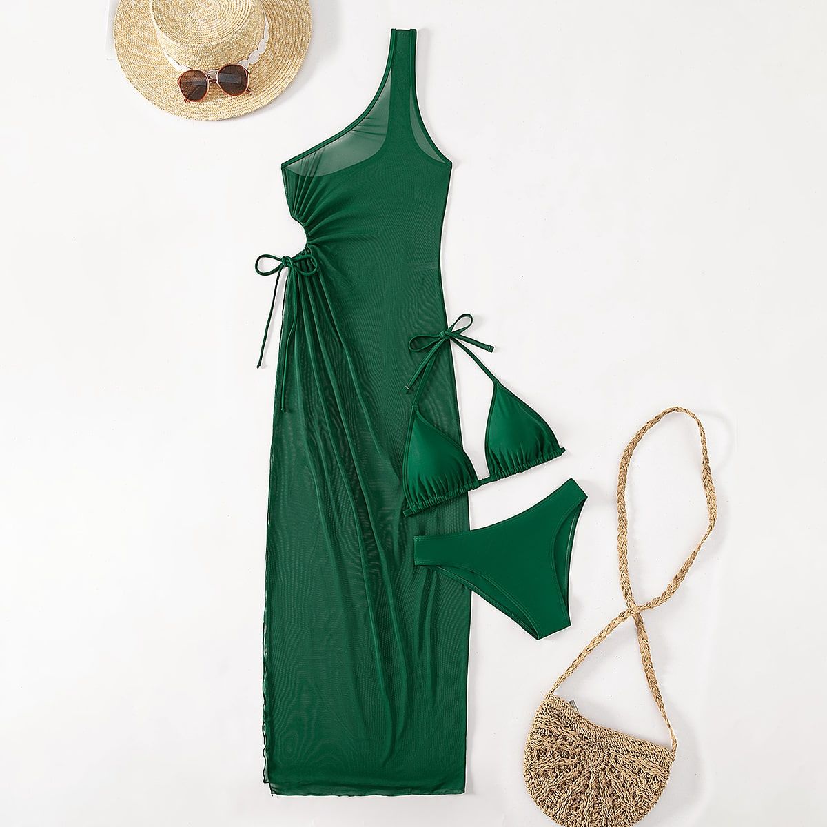 (image for) Women Solid Color 3 Piece Bikini Set with Sheer Maxi Cover Up Dress Deep V Side Slit Sexy Tummy Control Beach Vacation Resort Swimwear 2 Colors