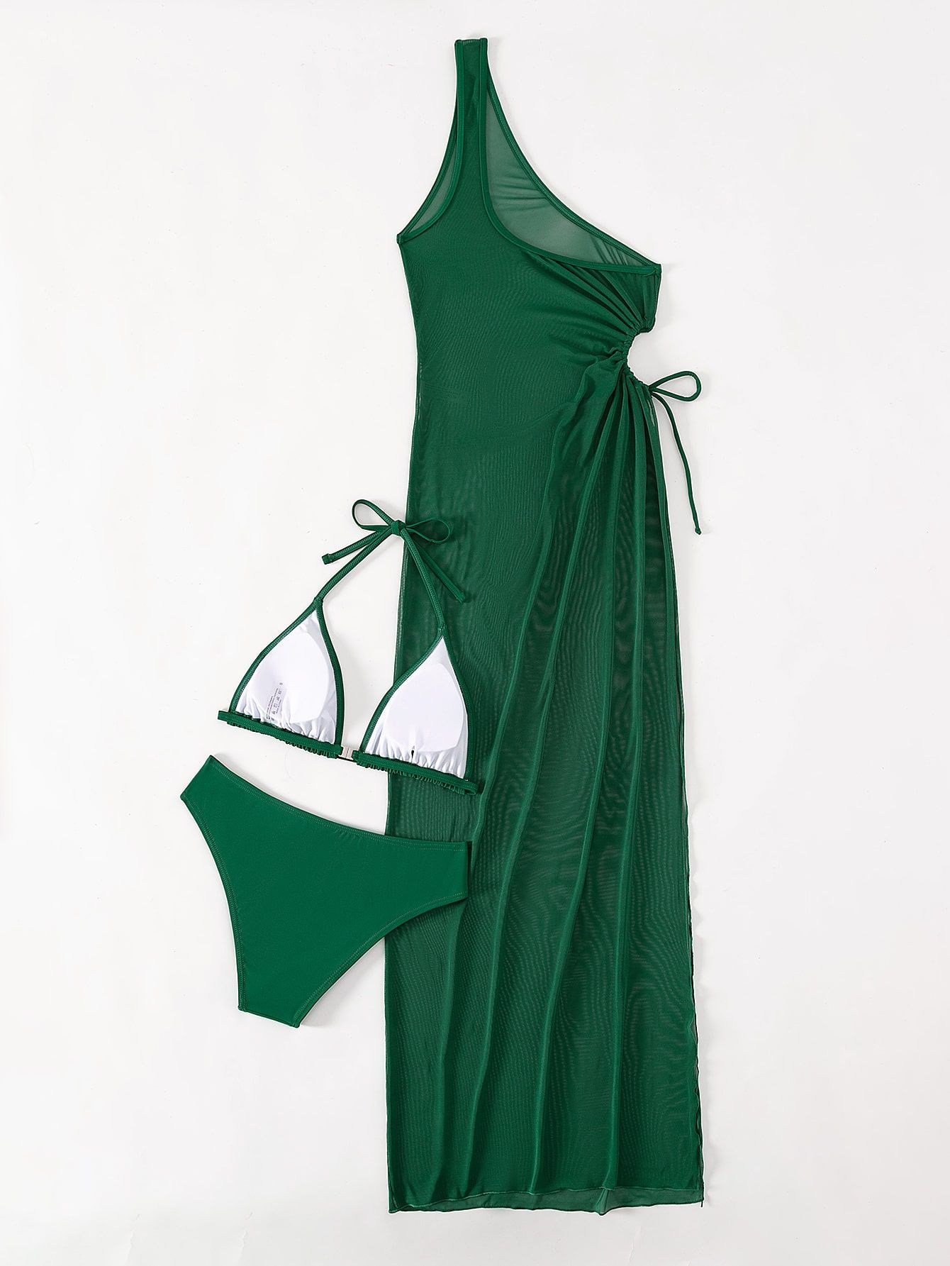 (image for) Women Solid Color 3 Piece Bikini Set with Sheer Maxi Cover Up Dress Deep V Side Slit Sexy Tummy Control Beach Vacation Resort Swimwear 2 Colors