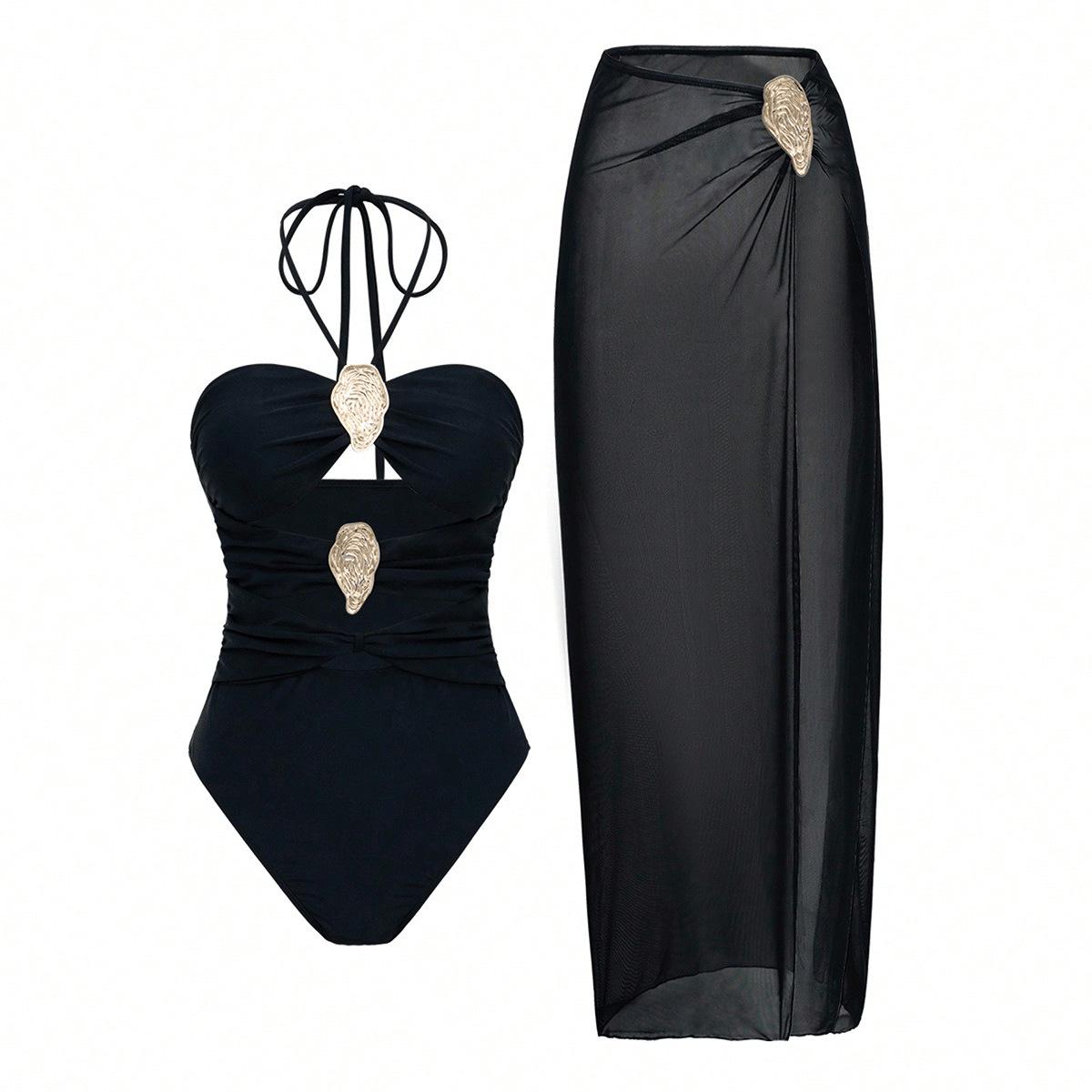 (image for) Women Halter One Piece Swimsuit with Mesh Maxi Skirt 2 Piece Set