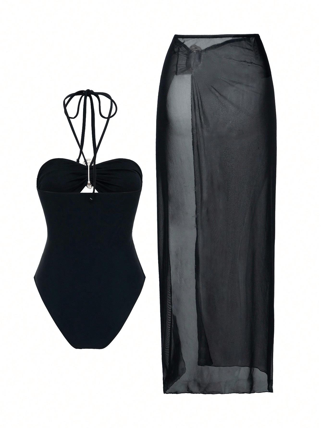 (image for) Women Halter One Piece Swimsuit with Mesh Maxi Skirt 2 Piece Set