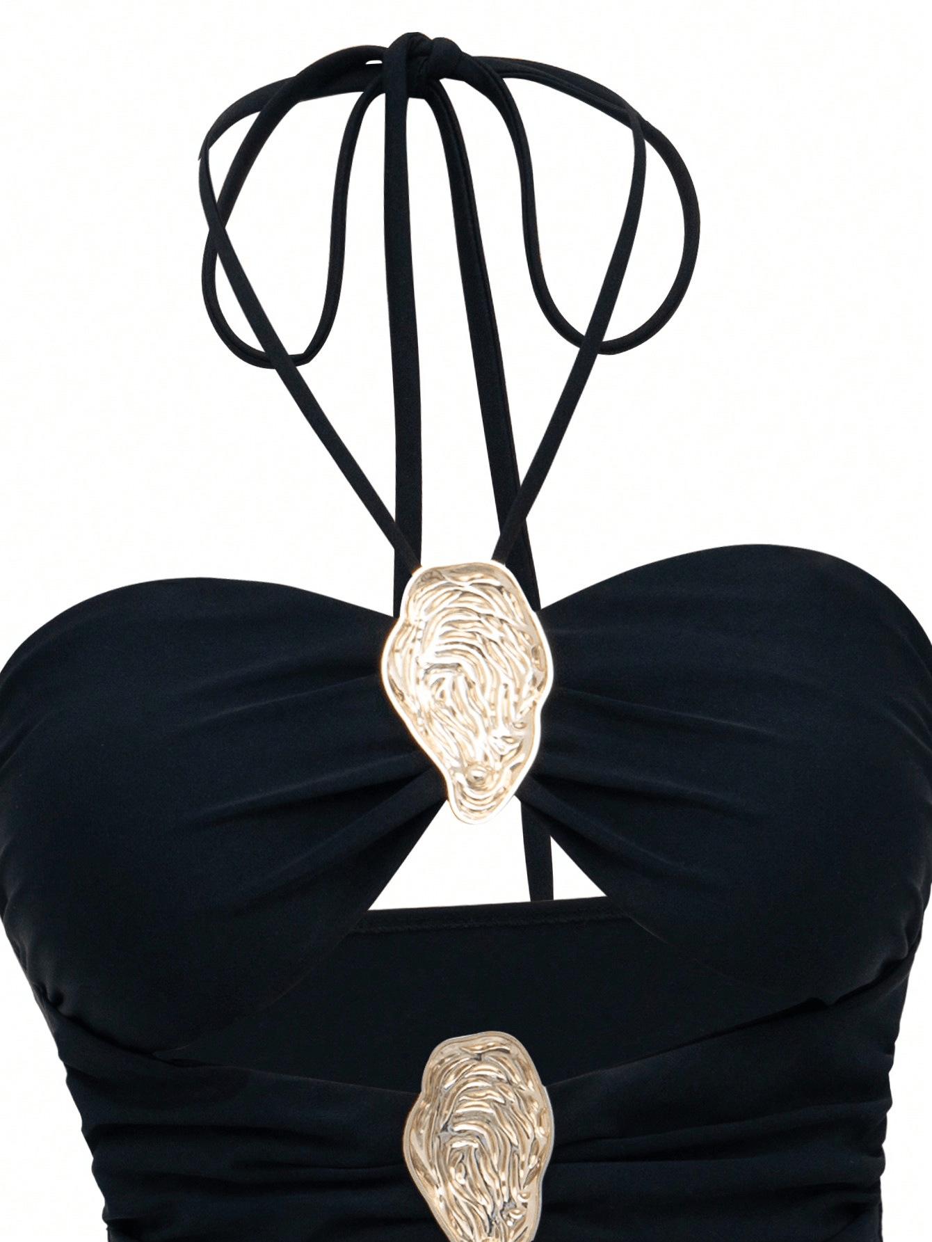 (image for) Women Halter One Piece Swimsuit with Mesh Maxi Skirt 2 Piece Set