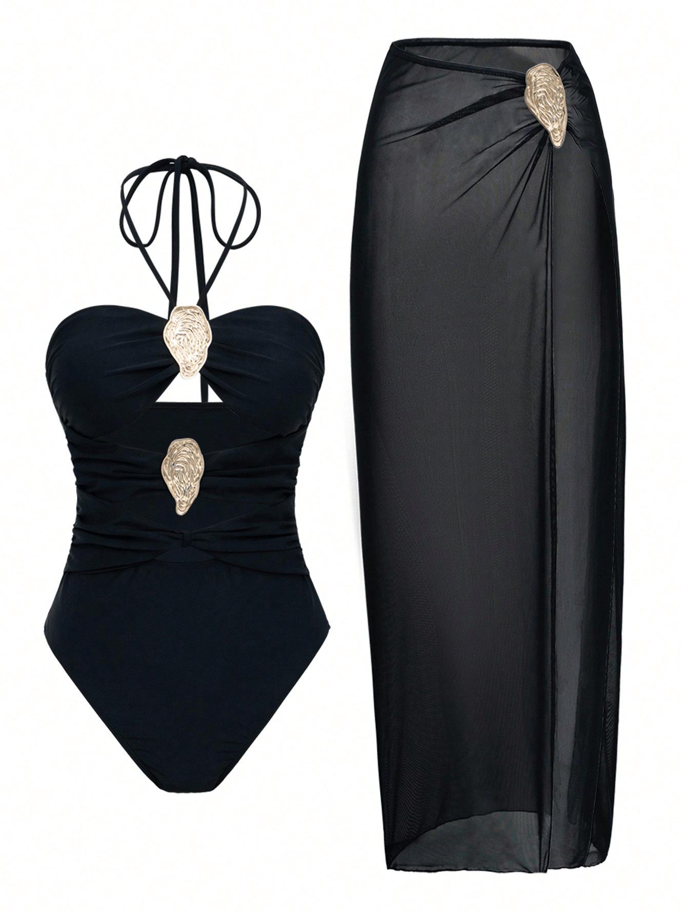 (image for) Women Halter One Piece Swimsuit with Mesh Maxi Skirt 2 Piece Set