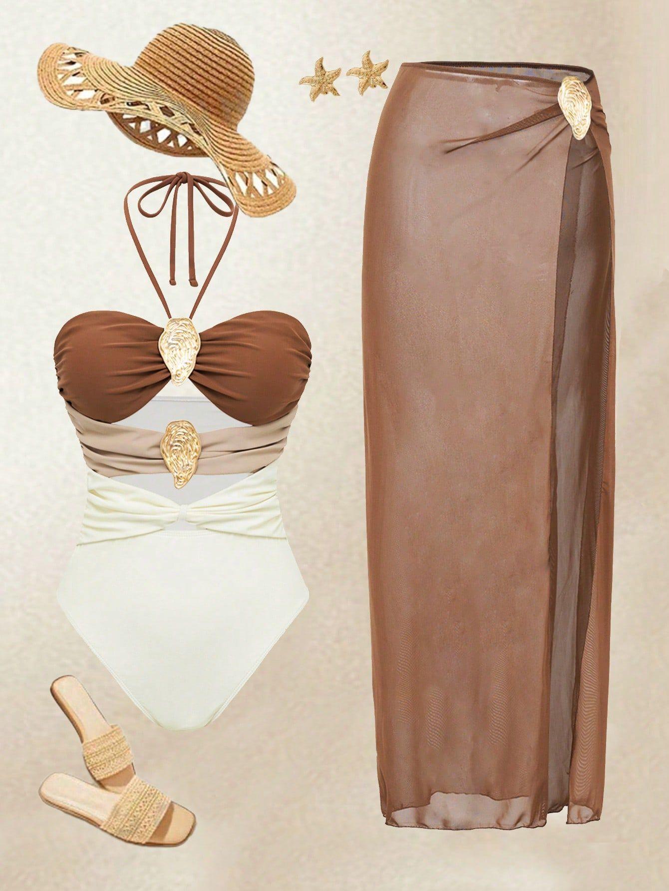 (image for) Women Halter One Piece Swimsuit with Mesh Maxi Skirt 2 Piece Set