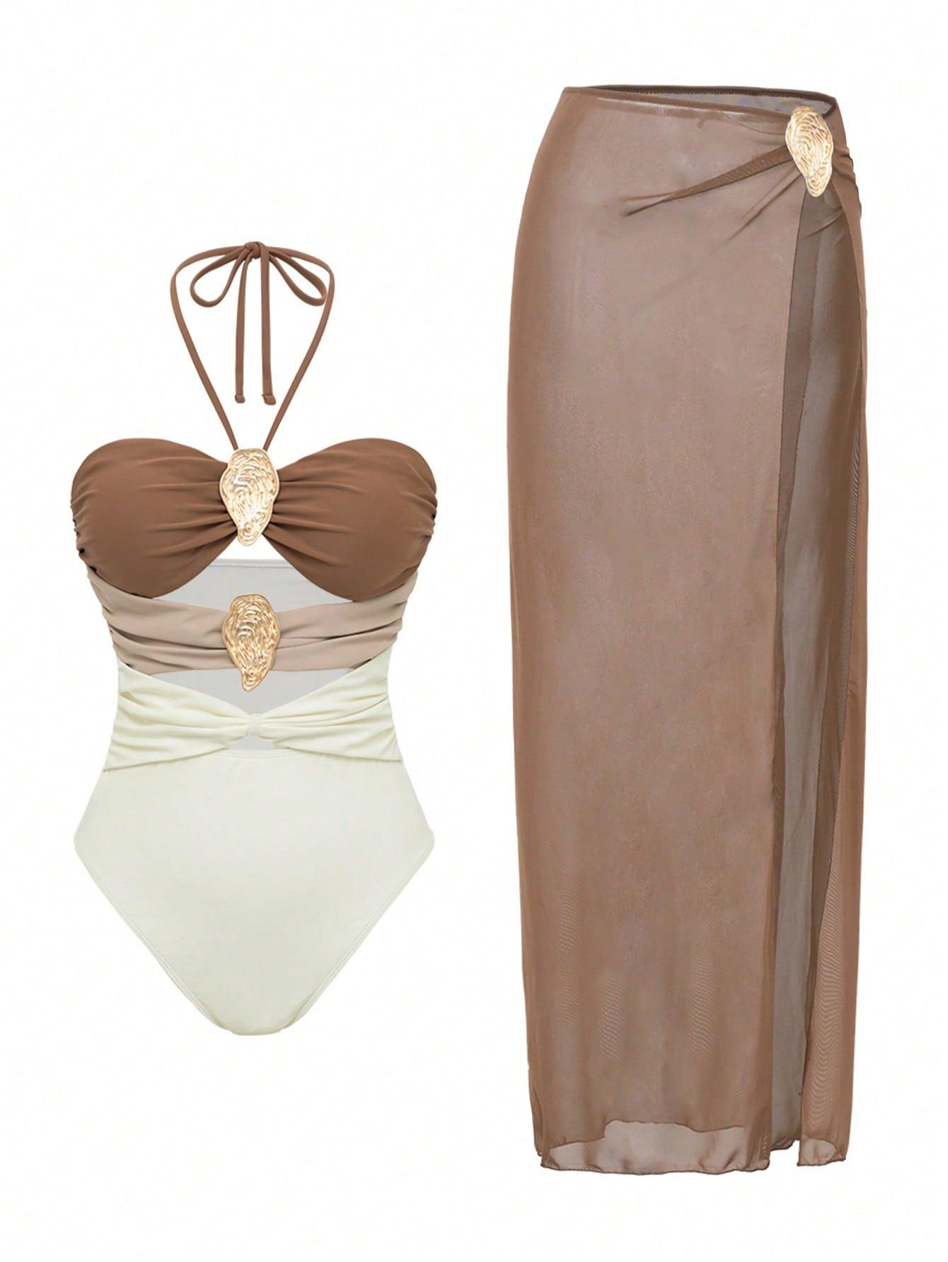 (image for) Women Halter One Piece Swimsuit with Mesh Maxi Skirt 2 Piece Set