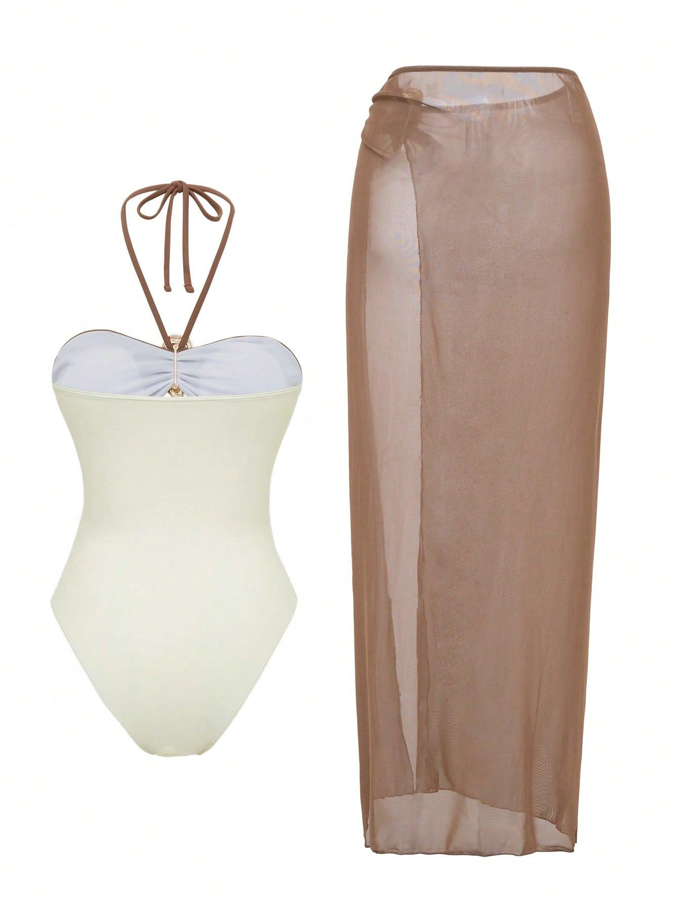 (image for) Women Halter One Piece Swimsuit with Mesh Maxi Skirt 2 Piece Set