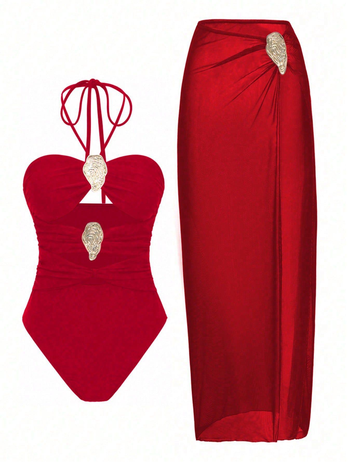 (image for) Women Halter One Piece Swimsuit with Mesh Maxi Skirt 2 Piece Set