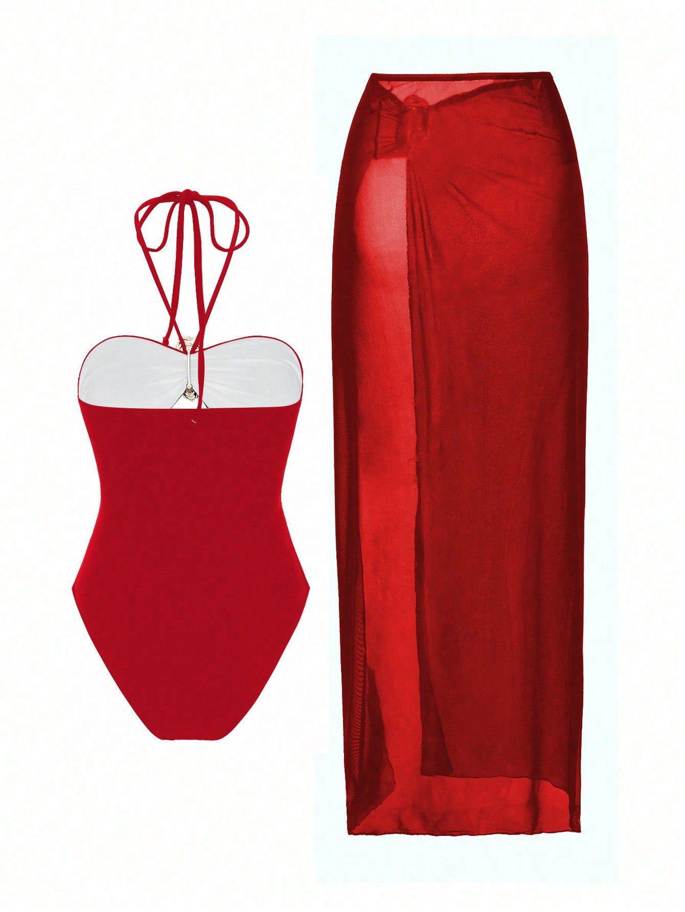 (image for) Women Halter One Piece Swimsuit with Mesh Maxi Skirt 2 Piece Set