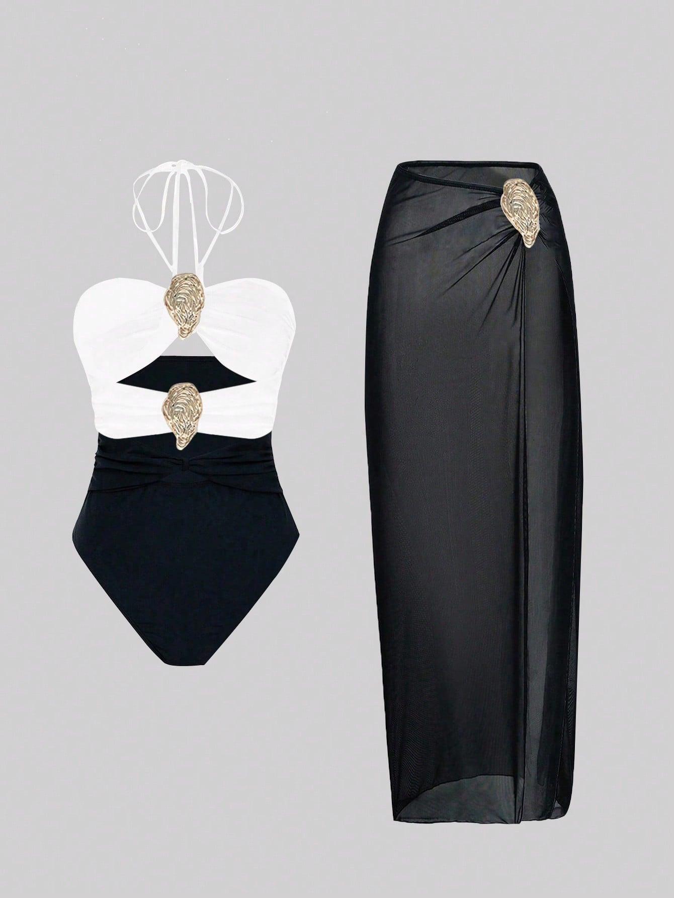 (image for) Women Halter One Piece Swimsuit with Mesh Maxi Skirt 2 Piece Set