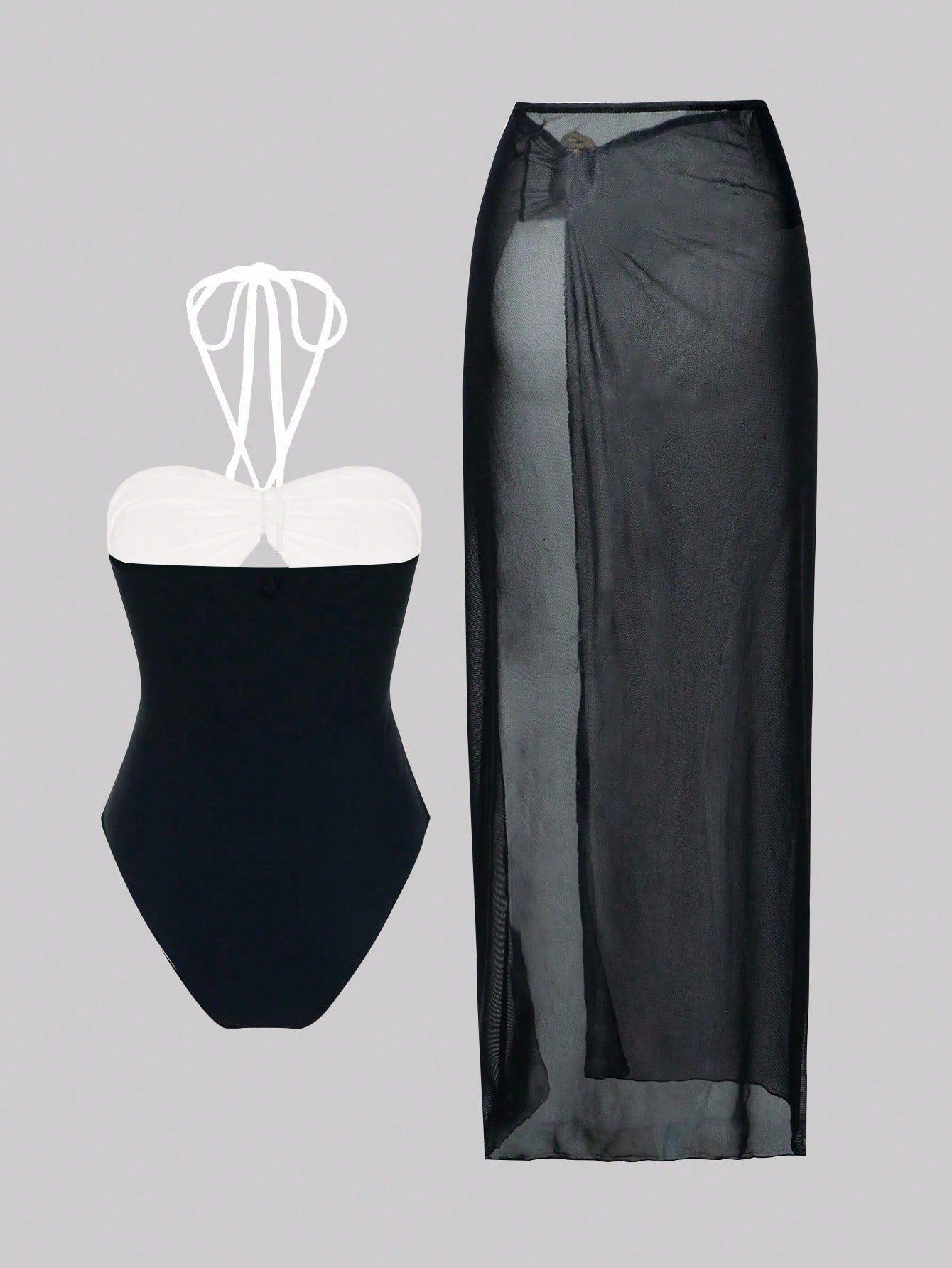 (image for) Women Halter One Piece Swimsuit with Mesh Maxi Skirt 2 Piece Set