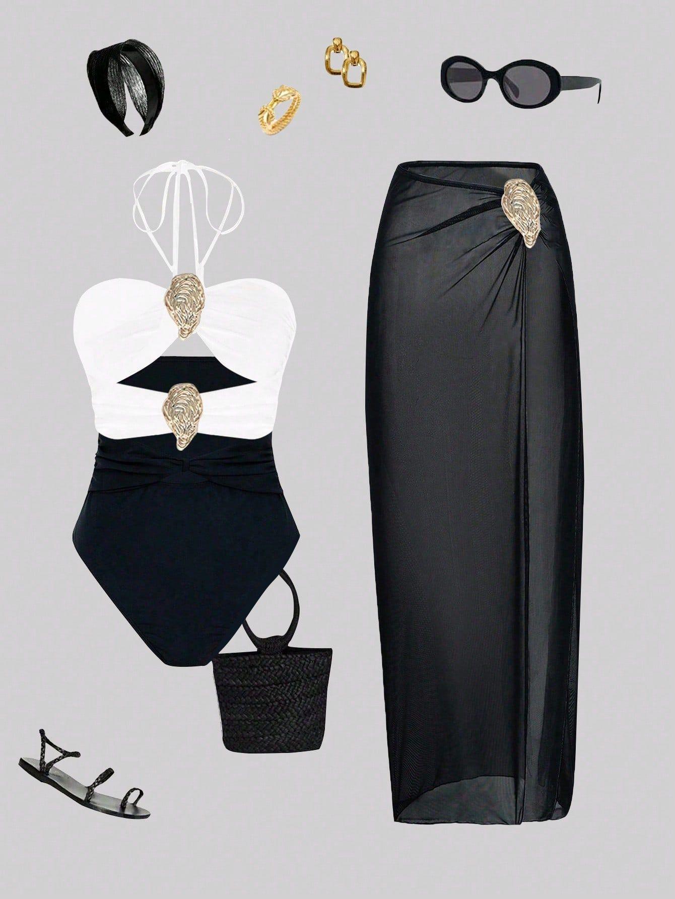 (image for) Women Halter One Piece Swimsuit with Mesh Maxi Skirt 2 Piece Set