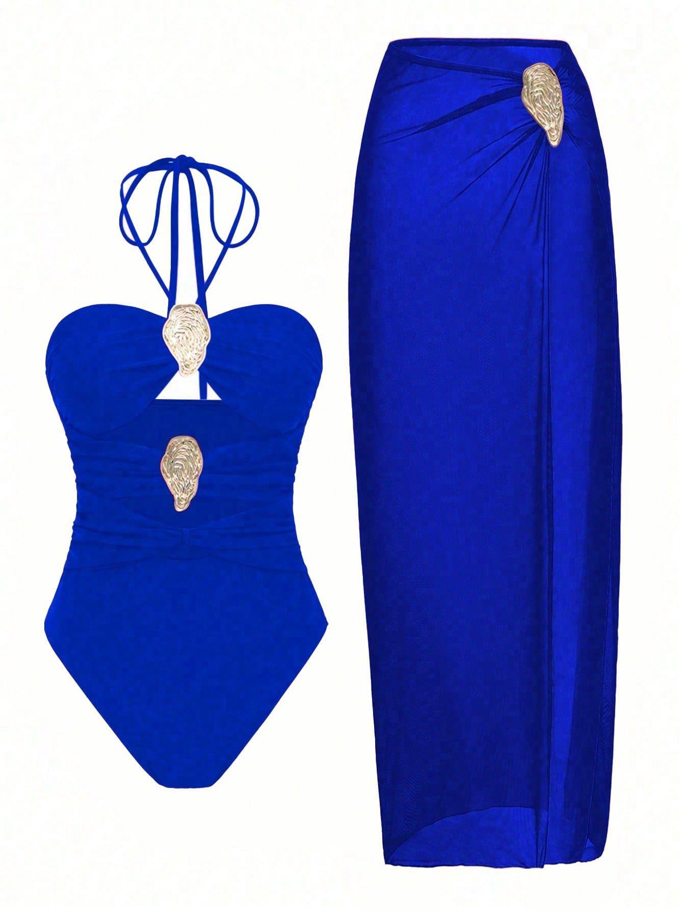 (image for) Women Halter One Piece Swimsuit with Mesh Maxi Skirt 2 Piece Set