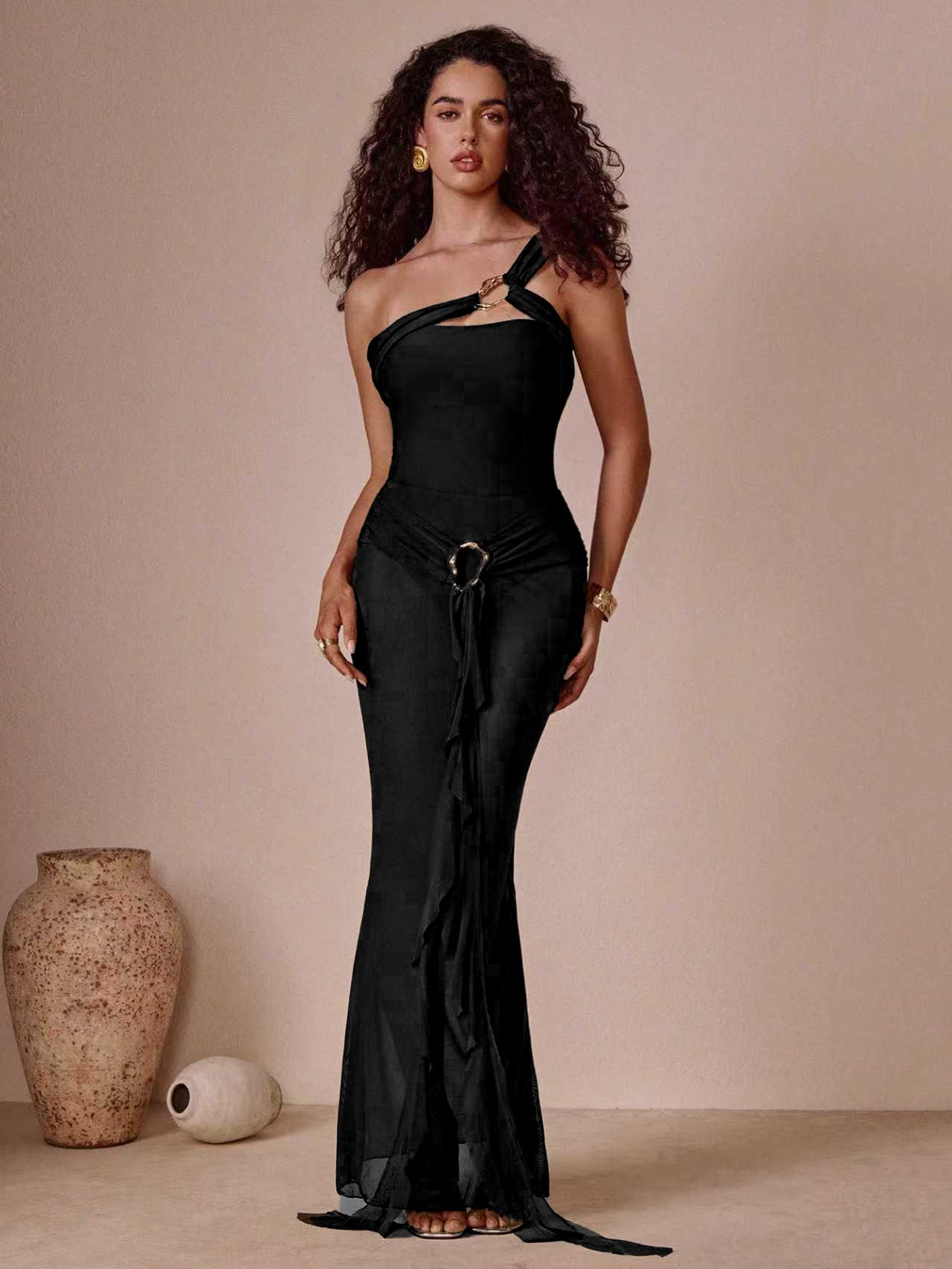 (image for) Women One Shoulder Metal Ring Detail One Piece Swimsuit with Sheer Flowy Maxi Dress Cover Up 2 Piece Luxury Slimming Resort Swimwear Set