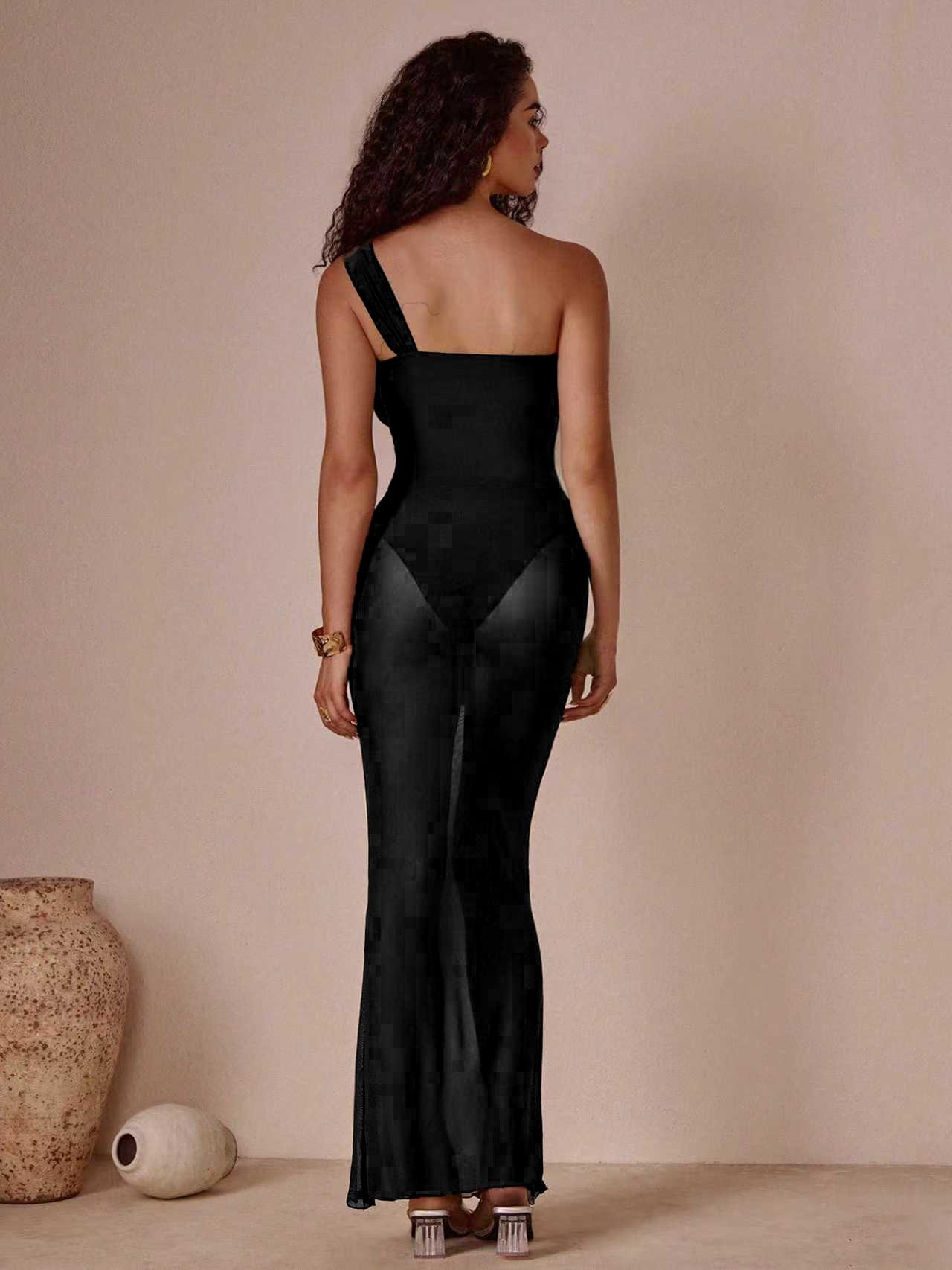 (image for) Women One Shoulder Metal Ring Detail One Piece Swimsuit with Sheer Flowy Maxi Dress Cover Up 2 Piece Luxury Slimming Resort Swimwear Set