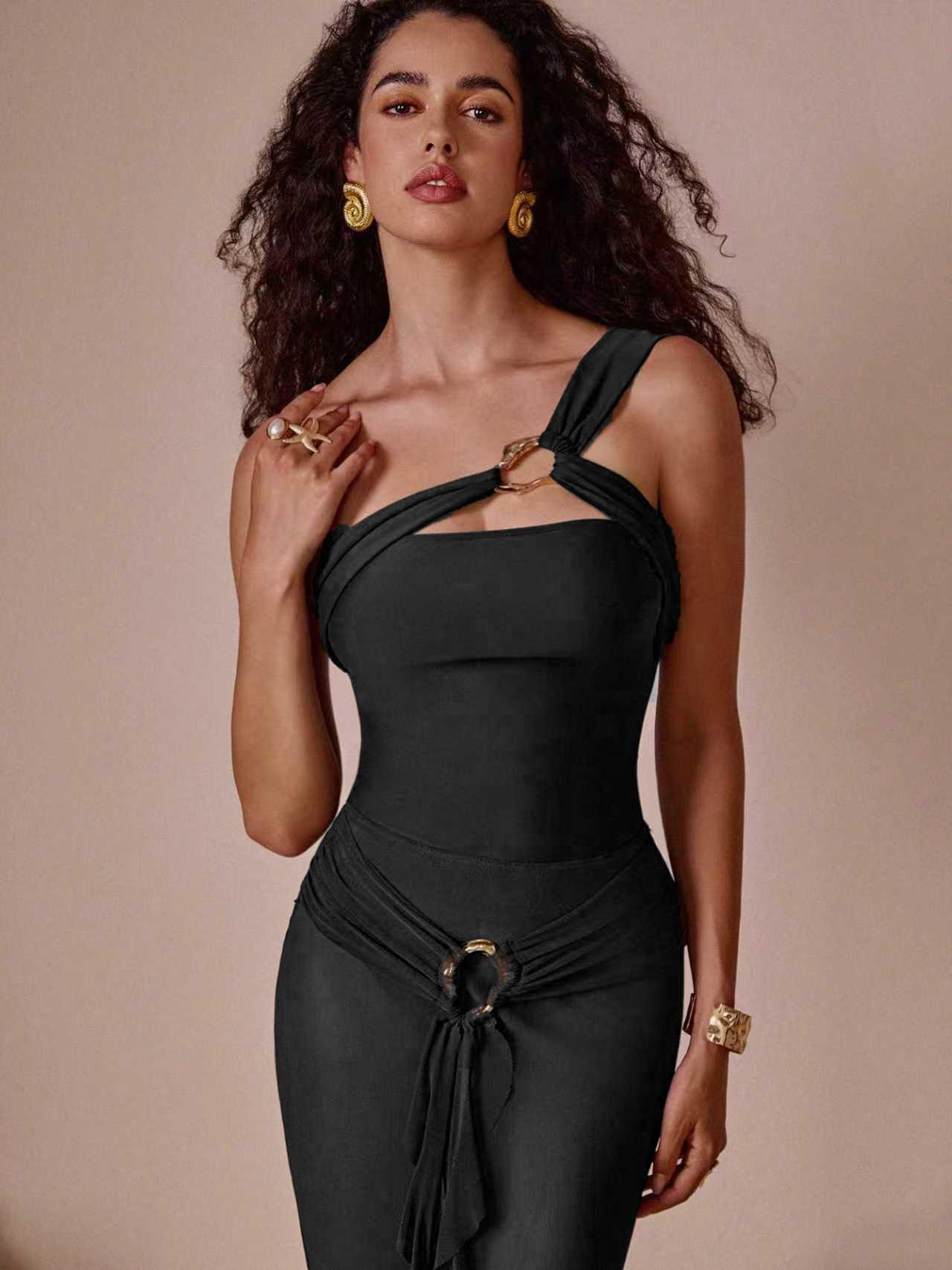 (image for) Women One Shoulder Metal Ring Detail One Piece Swimsuit with Sheer Flowy Maxi Dress Cover Up 2 Piece Luxury Slimming Resort Swimwear Set