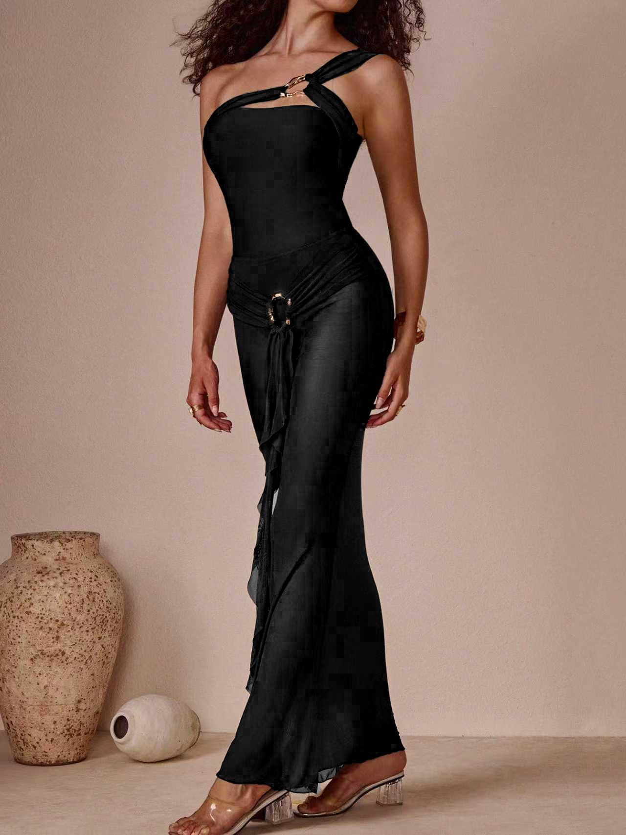 (image for) Women One Shoulder Metal Ring Detail One Piece Swimsuit with Sheer Flowy Maxi Dress Cover Up 2 Piece Luxury Slimming Resort Swimwear Set