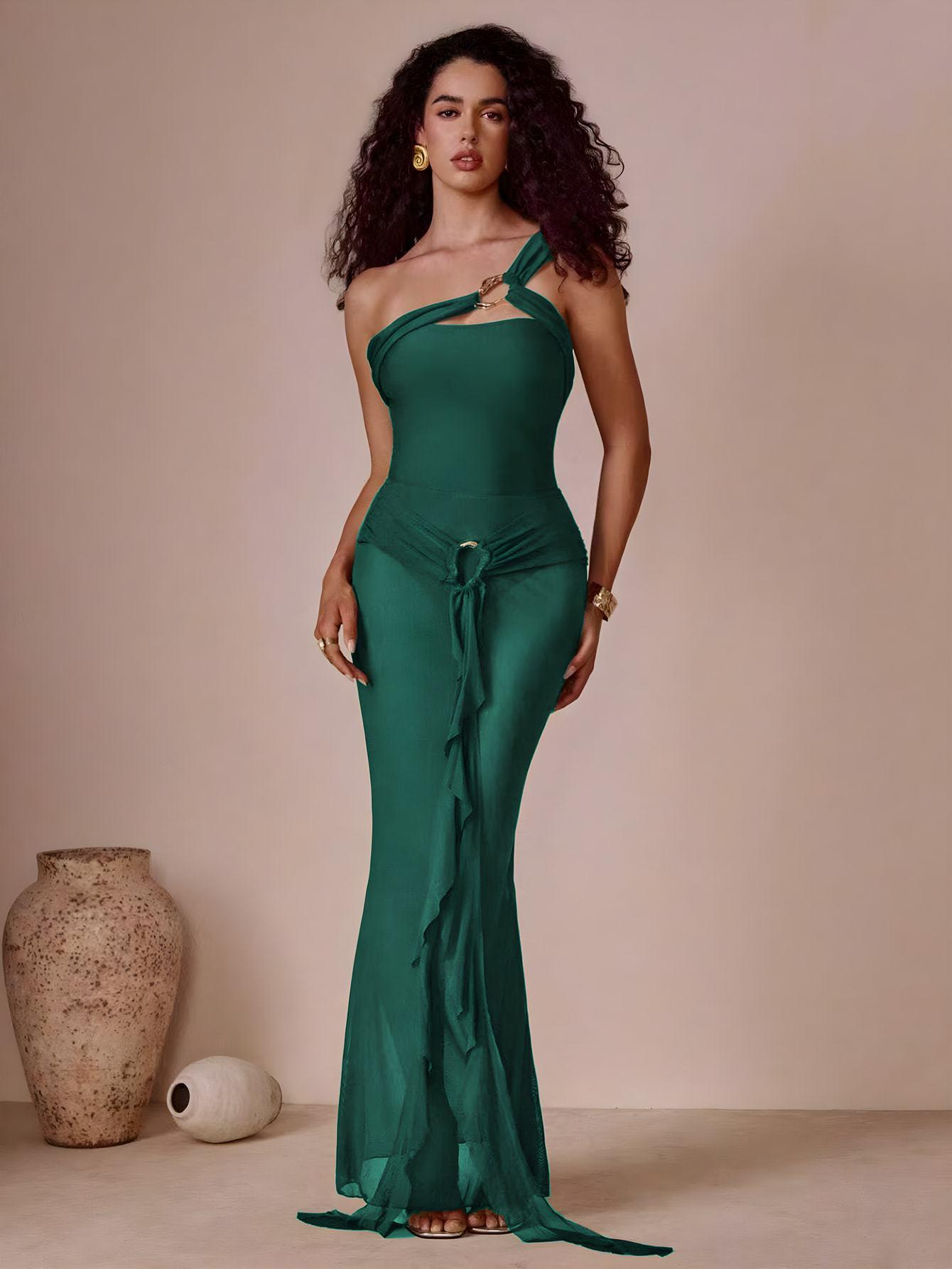 (image for) Women One Shoulder Metal Ring Detail One Piece Swimsuit with Sheer Flowy Maxi Dress Cover Up 2 Piece Luxury Slimming Resort Swimwear Set