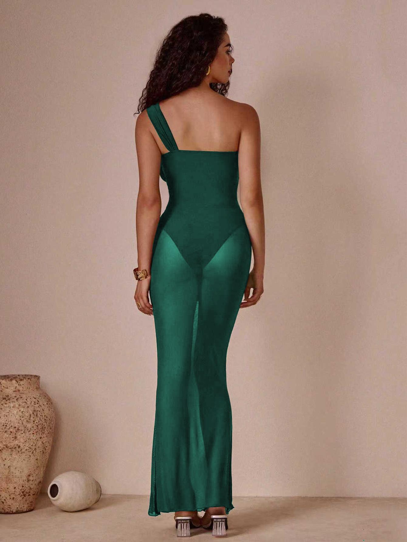 (image for) Women One Shoulder Metal Ring Detail One Piece Swimsuit with Sheer Flowy Maxi Dress Cover Up 2 Piece Luxury Slimming Resort Swimwear Set