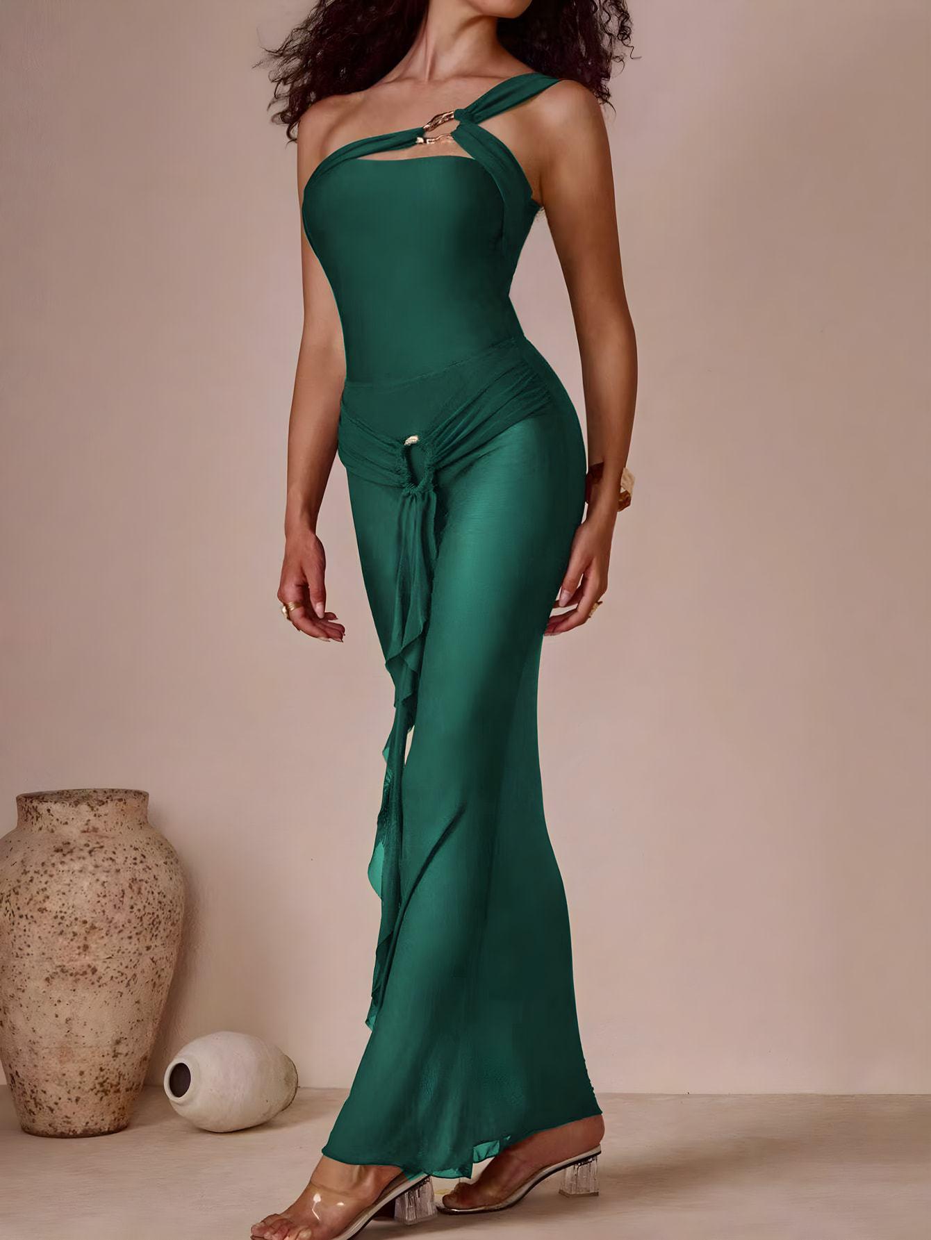(image for) Women One Shoulder Metal Ring Detail One Piece Swimsuit with Sheer Flowy Maxi Dress Cover Up 2 Piece Luxury Slimming Resort Swimwear Set