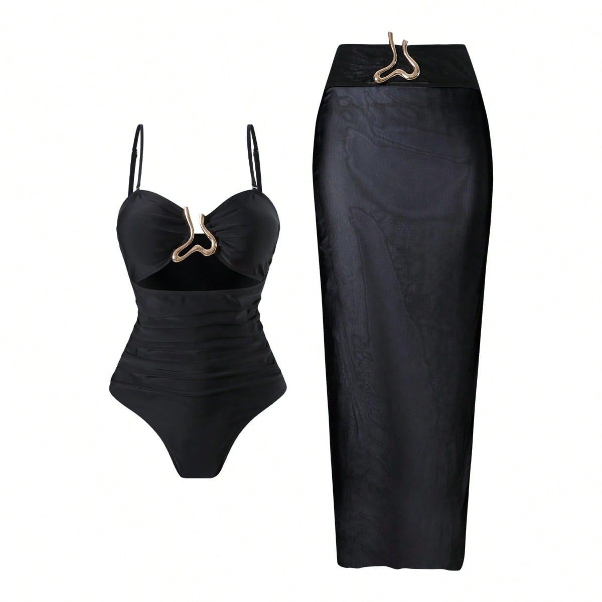 Women Metal Buckle Detail Ruched Tummy Control One Piece Swimsuit with Midi Skirt Cover Up 2 Piece Set Conservative Slimming Swimwear